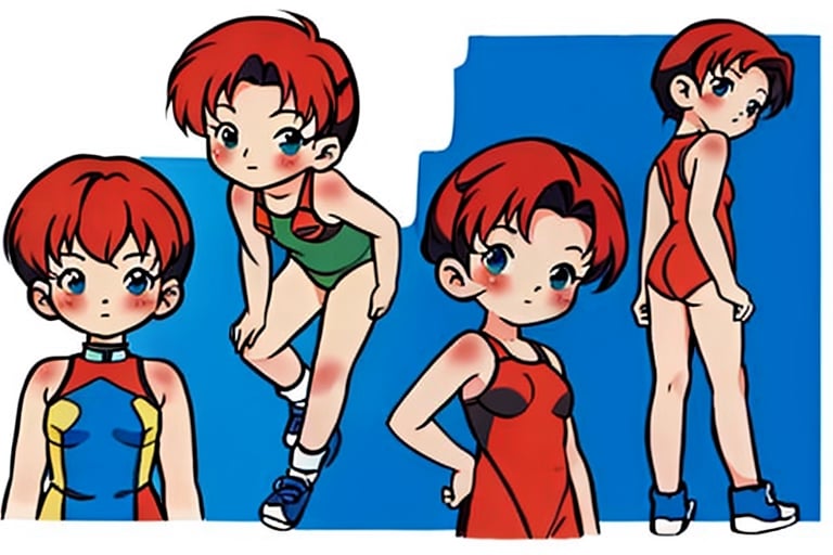 (best quality), masterpiece,  chibi avatar,1990s \(style\), girl,red short hair, character sheet, model sheet, multiple views of the same character, swinsuit