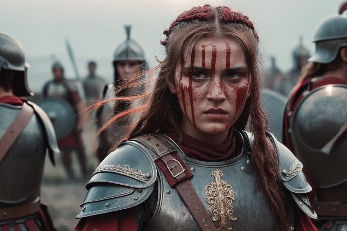 roman legionnaire, detailed armor, blood, battlefield, cinematic scene, cinema filter, 16 year old female legionnaire, makeup, long hair