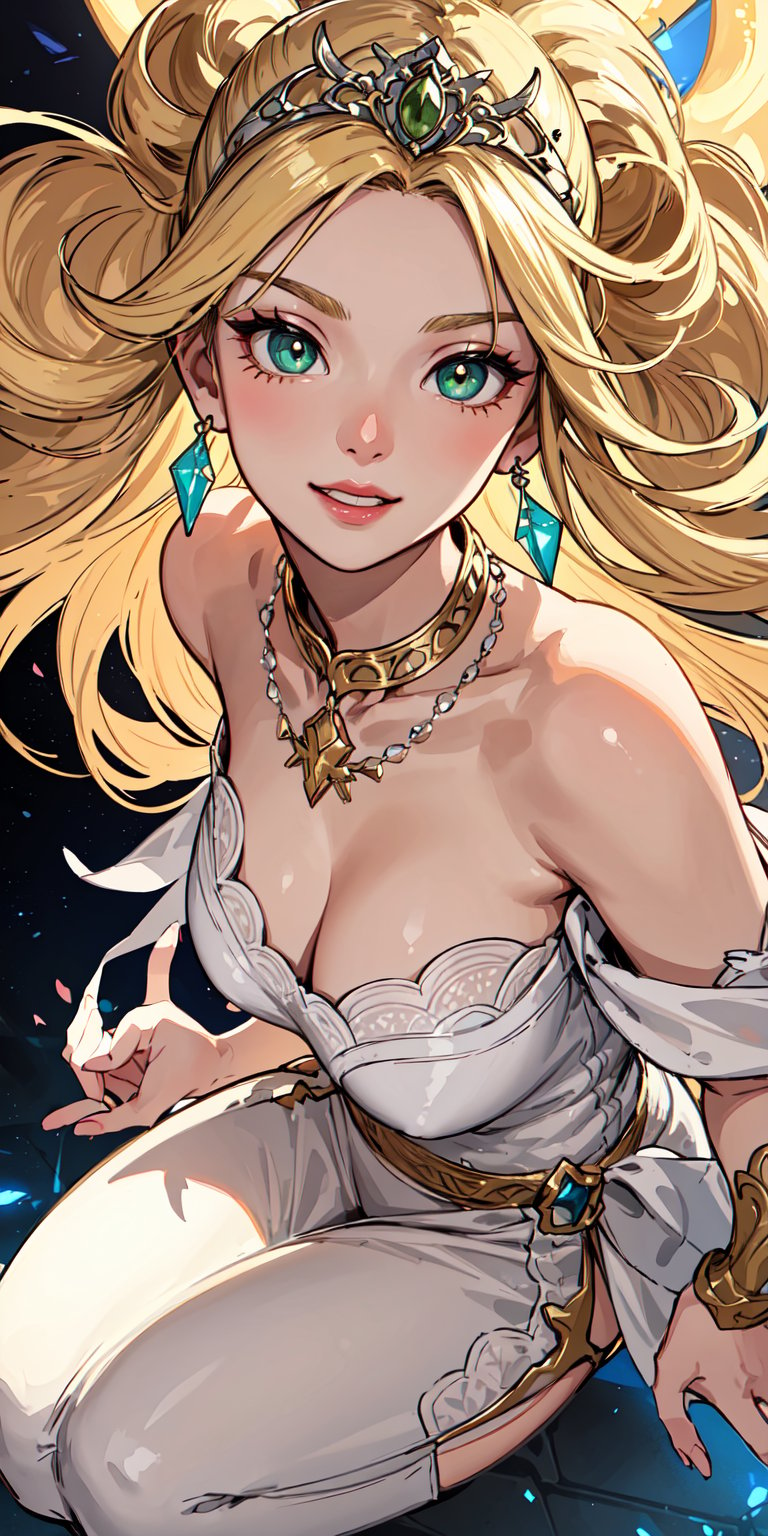 masterpiece, best quality, illustration, full body image, ornate and elaborate dress, platinum earrings, tiara, platinum necklace, white dress, 1girl, cute, cheerful face, (dynamic lighting:1.2), cinematic lighting, delicate facial features, detailed eyes, green eyes, long blonde hair, sharp pupils, realistic pupils, depth of field, bokeh, sharp focus, (hyper-detailed, bloom, glow:1.4), blonde hair, full lips, bright green eyes