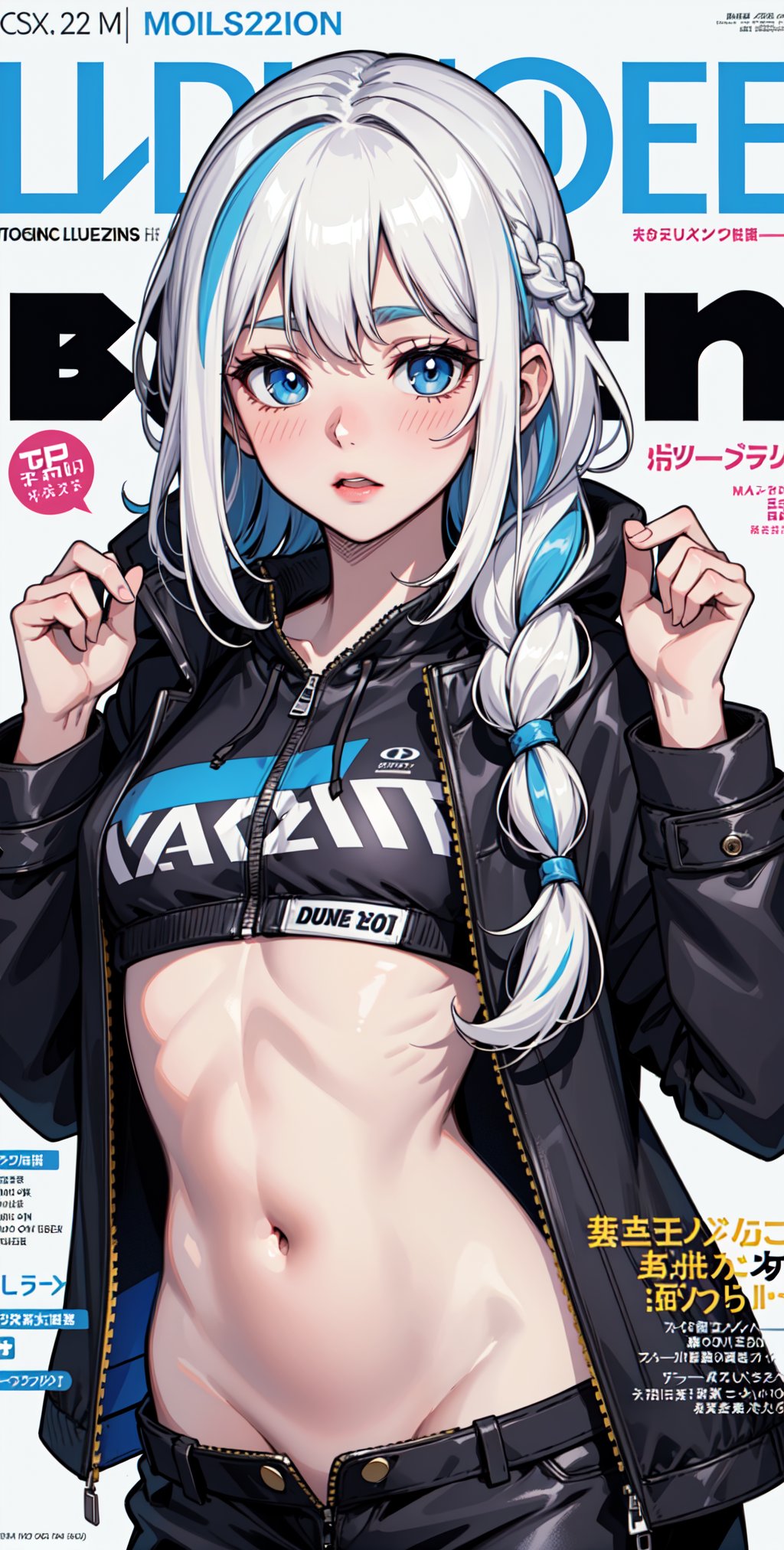 long hair, blush, blue eyes, navel, blue hair, white hair, multicolored hair, two-tone-hair, liquid hair, jacket, hodie, long sleeves, braid, navel, ((magazine cover)), upper body