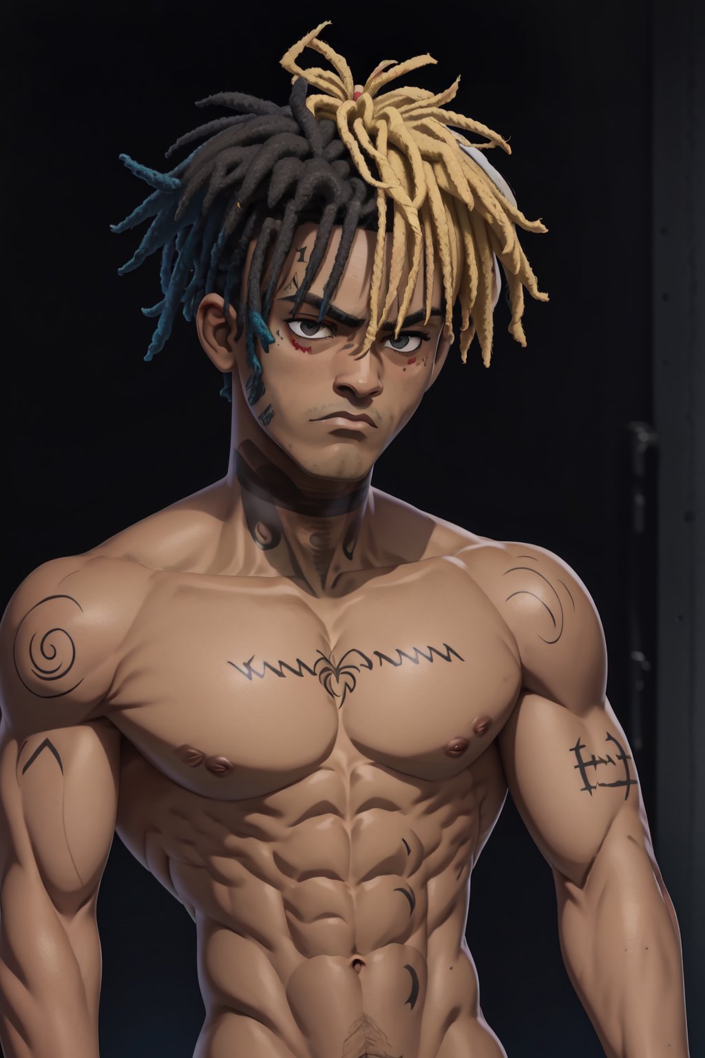 1man, dark skin, half black and half blond dreadlocks, tattoos on his face, upper body, shirtless, body marked muscles, serious and depressed face