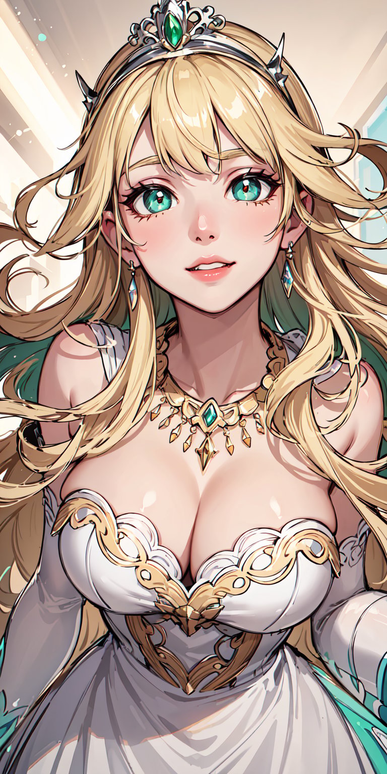 masterpiece, best quality, illustration, full body image, ornate and elaborate dress, platinum earrings, tiara, platinum necklace, white dress, 1girl, cute, cheerful face, (dynamic lighting:1.2), cinematic lighting, delicate facial features, detailed eyes, green eyes, long blonde hair, sharp pupils, realistic pupils, depth of field, bokeh, sharp focus, (hyper-detailed, bloom, glow:1.4), blonde hair, full lips, bright green eyes