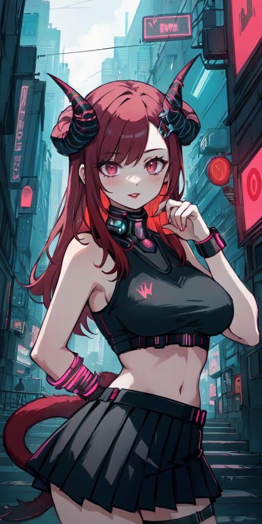 hidden hands pose, hidden hands, medium shot, medium close up, anime, anime girl, girl, teen, woman, red hair, very red hair, long hair, thick lips, [black lipstick] boobs, medium boobs, human ears, horns, large horns, goat horns, symmetrical horns, spiral horns, two horns, gray horns, symmetrical horns, circular horns, horns down direction, toned body, demon girl, solo, front, cute, sexy, demon tail, one tail, skirt, mini skirt, Pleated skirt, cyberpunk skirt, cyberpunk art style, cyberpunk themed art, has cyberpunk style, modern cyberpunk, cyberpunk style, cyberpunk vibes, cyberpunk art, cyberpunk style, anime cyberpunk art, cyberpunk anime art, cyberpunk illustration, fantasy cyberpunk, cyberpunk artstyle, mecha,  cyberpunk city in the background,  neon light, cyberpunk clothing, mecha