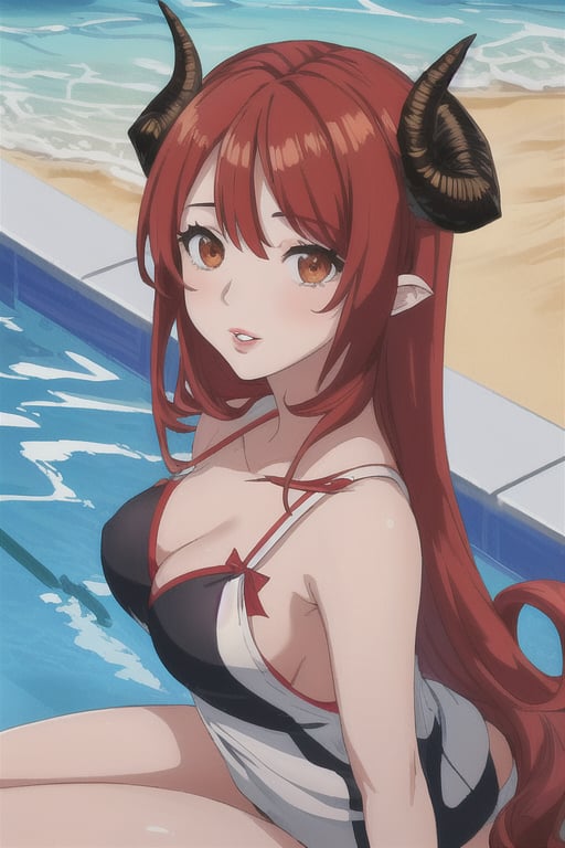 girl, teen, woman, red hair, very red hair, long hair, lips, boobs, medium boobs, human ears, horns, large horns, spiral horns, goat horns, symmetrical horns, two horns, demon girl, solo, front, cute, summer outfit, sexy, beach, pool, demon tail