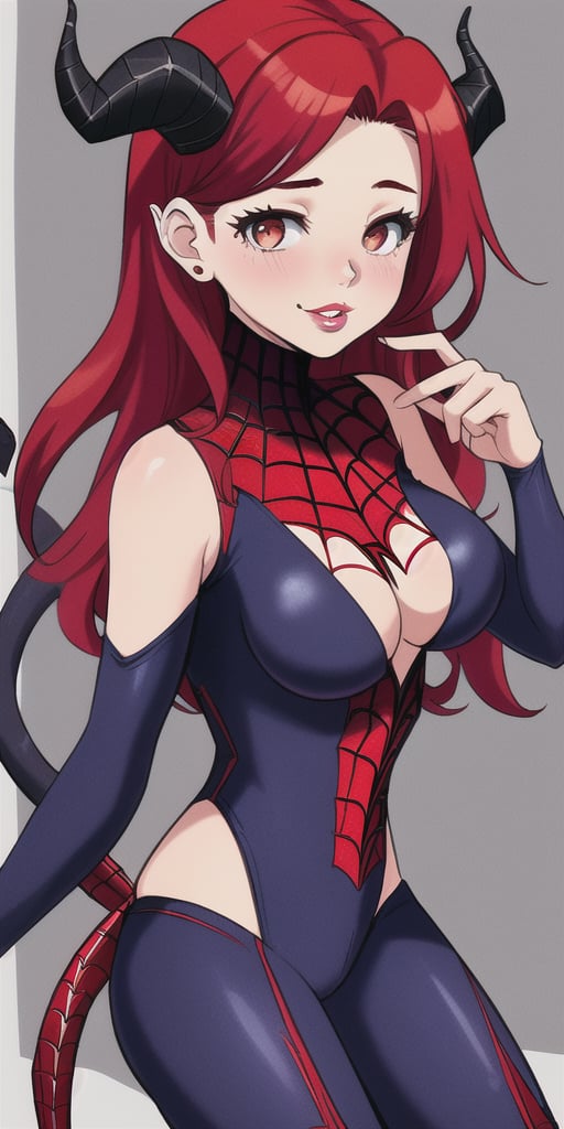 girl, teen, woman, red hair, very red hair, long hair, lips, boobs, medium boobs, human ears, horns, large horns, goat horns, symmetrical horns, spiral horns, two horns, gray horns, demon girl, solo, front, cute, sexy, demon tail, one tail, spiderman, spiderman style, spidergirl