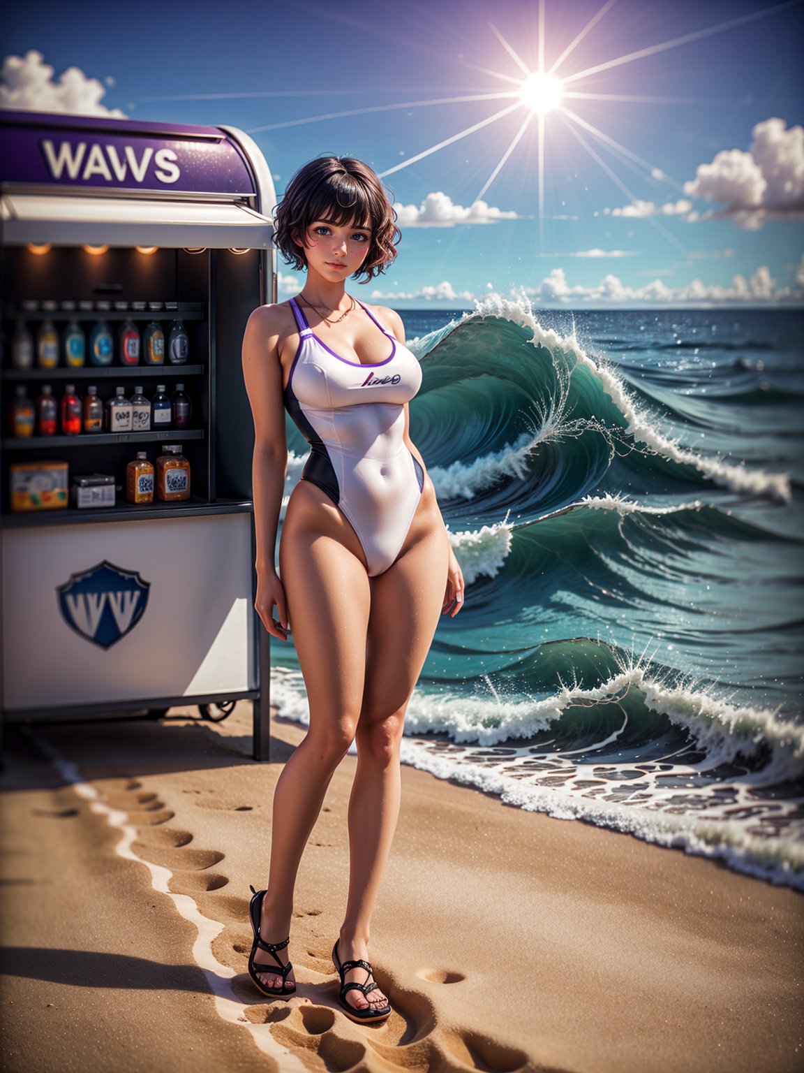 {((a cyborg woman))}, only she is {((bionic body parts, wearing extremely short and tight transparent ceda white swimsuit)), only elá has ((giant breasts)), (((very slick purple short hair, blue eyes)), staring at the viewer, smiling, ((pose, at a food kiosk in front of the beach, strong sun, sand, multiple people walking on the beach,  sea, waves))}, ((full body):1.3), 16k, best quality, best resolution, best sharpness,