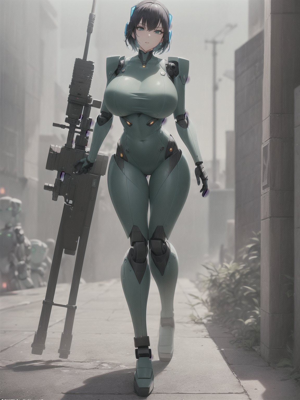 ((Full body):2) (({1/woman – cyborg}):1.5). Only {1/woman, cyborg}:((she has a semi human half machine half human body, is wearing a futuristic black suit extremely tight on her body):1.3). Only {1/woman, cyborg}:((has extremely large breasts):1.3). Only {1/woman – cyborg}:((has very short blue hair, dark green eyes):1.3). Only {1/woman – cyborg}:((stunning sensual poses holding a futuristic sniper rifle standing):1.3). In a futuristic city, it's raining a lot at night, the city is with ((several robots running):1.5) behind Only {1/cyborg woman}. ((Unreal Engine 5):1.3), anime, anime style, 16k, high resolution, ((best quality, high detail: 1.3)), UHD, ((masterpiece))