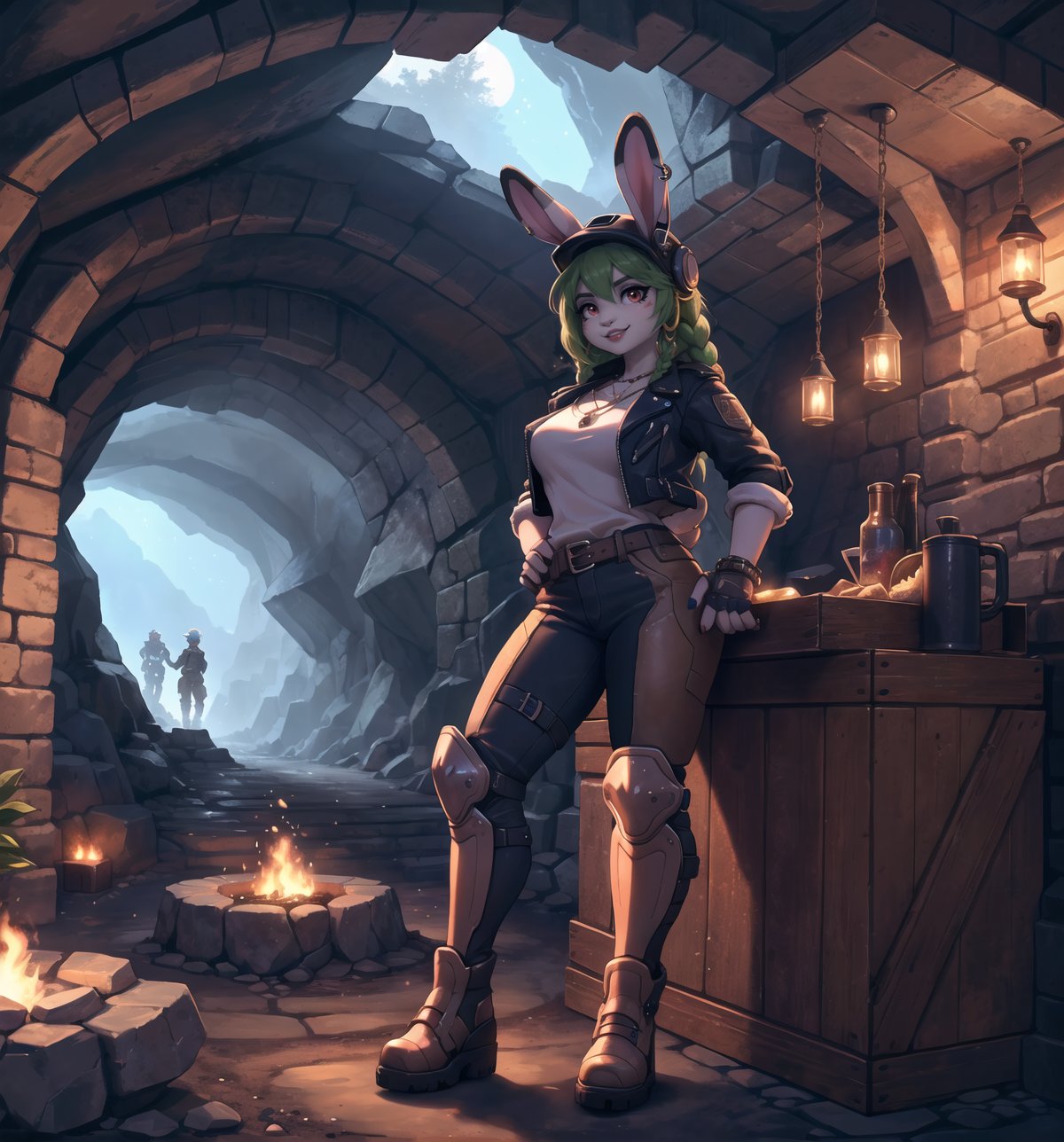 A kemonomimi adventure, fantasy, sci-fi, and anime style masterpiece, rendered in ultra-high resolution with razor-sharp details. | A 25-year-old rabbit woman named Luna is dressed in a bulldozer outfit consisting of a white t-shirt, a brown leather jacket with metal trim, black heavy-duty pants with metal knee pads, and tall brown boots with metal toe caps. . She also wears a mining helmet with a flashlight on the front, brown leather gloves with metal guards, a brown leather belt with a knife sheath around her waist, silver hoop earrings with rabbit-shaped pendants, a leather bracelet brown on her left hand and a silver ring with a green crystal on her right hand. Her green hair is straight and long, with two thin braids at the front. Her red eyes are looking straight at the viewer, with a ((cheerful and captivating smile that shows off her white teeth)) and red painted lips. | The scene takes place inside a mining cave, with rock structures, wooden structures, metal structures, mining machines, train tracks, ore carts and tools scattered around. Luna is standing, with a sensual and relaxed pose, holding a pickaxe with one hand and resting the other hand on her hip. The cave's dim, mysterious lighting creates dramatic shadows and highlights the details of the scene. | Soft, moody lighting effects create a cozy, relaxing atmosphere, while detailed textures on clothing and fabrics add realism to the image. | A charming and joyful scene of a beautiful rabbit woman dressed as an excavator in a mining cave, exploring themes of adventure, fantasy and science fiction. | (((((The image reveals a full-body_shot as she assumes a sensual_pose, engagingly leaning against a structure within the scene in an exciting manner. She takes on a sensual_pose as she interacts, boldly leaning on a structure, leaning back in an exciting way))))). | ((perfect_body)), ((perfect_pose)), ((full-body_shot)), ((perfect_fingers, better_hands, perfect_hands)), ((perfect_legs, perfect_feet)), ((perfect_design)), ((perfect_composition)), ((very detailed scene, very detailed background, perfect_layout, correct_imperfections)), ((More Detail, Enhance))