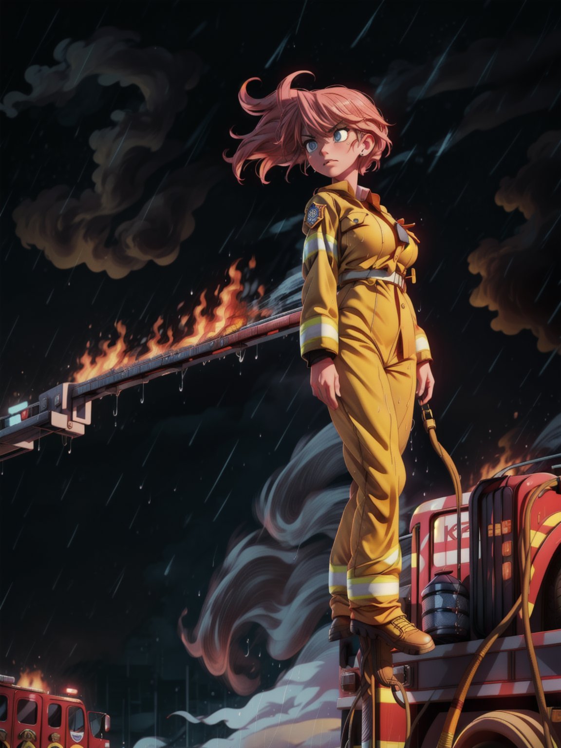 ((whole body):1.5) ((1woman):1.2): only she is wearing ((yellow firefighter suit with white stripes, extremely tight body):1.2), only she has extremely large breasts, only she has hair short pink hair and blue eyes, only she is doing sexual poses leaning against a ((fire truck):1.4), she is in front of a burning building, this ((raining hard):1.3), it's night, smoke strong. 16k, high quality, high details, UHD, masterpiece,perfecteyes,veryangry