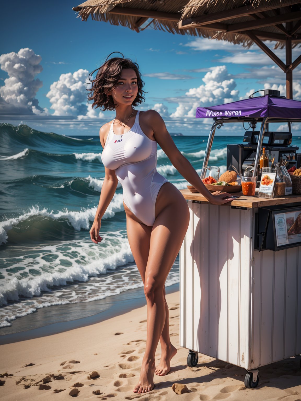 {((1cyborg woman))}, only she is {((bionic body parts, wearing extremely short and tight transparent ceda white swimsuit on the body)), only elá has ((giant breasts)), (((very slick purple short hair, blue eyes)), staring at the viewer, smiling, ((pose, at a food kiosk in front of the beach, strong sun, sand, multiple people walking on the beach,  sea, waves))}, ((whole body):1.5), 16k, best quality, best resolution, best sharpness,