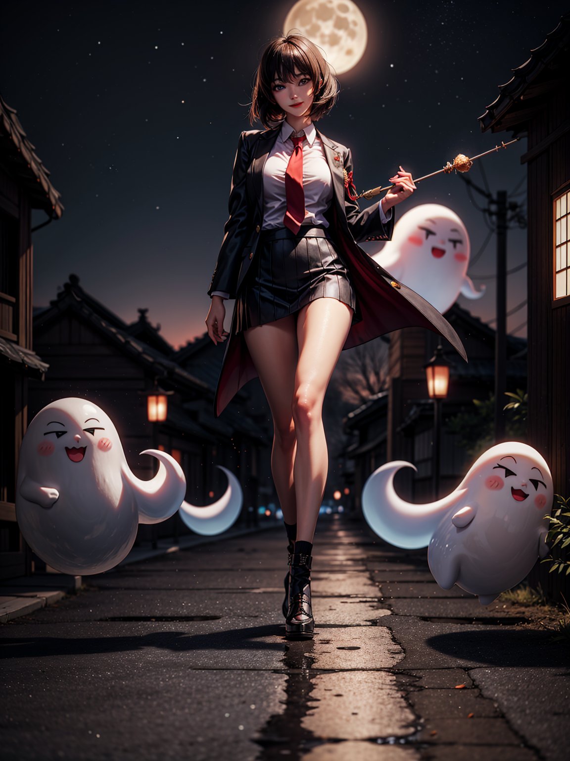 ((full body, standing):1.5), {((1 woman))}, {((wearing school suit with red skewer with tie, short black skirt, white stockings)), ((extremely large breasts)), ((very short black hair, blue eyes)) looking at the viewer, smiling, very happy, ((exhibitionist pose leaning back)), ((in an ancient Japanese ghost town, ghosts shadowing it, ghosts flying, night, just a full moon in the sky))}, (Fatal Frame Crimson Butterfly), 16k, best quality, best resolution, best sharpness, ultra detailed,