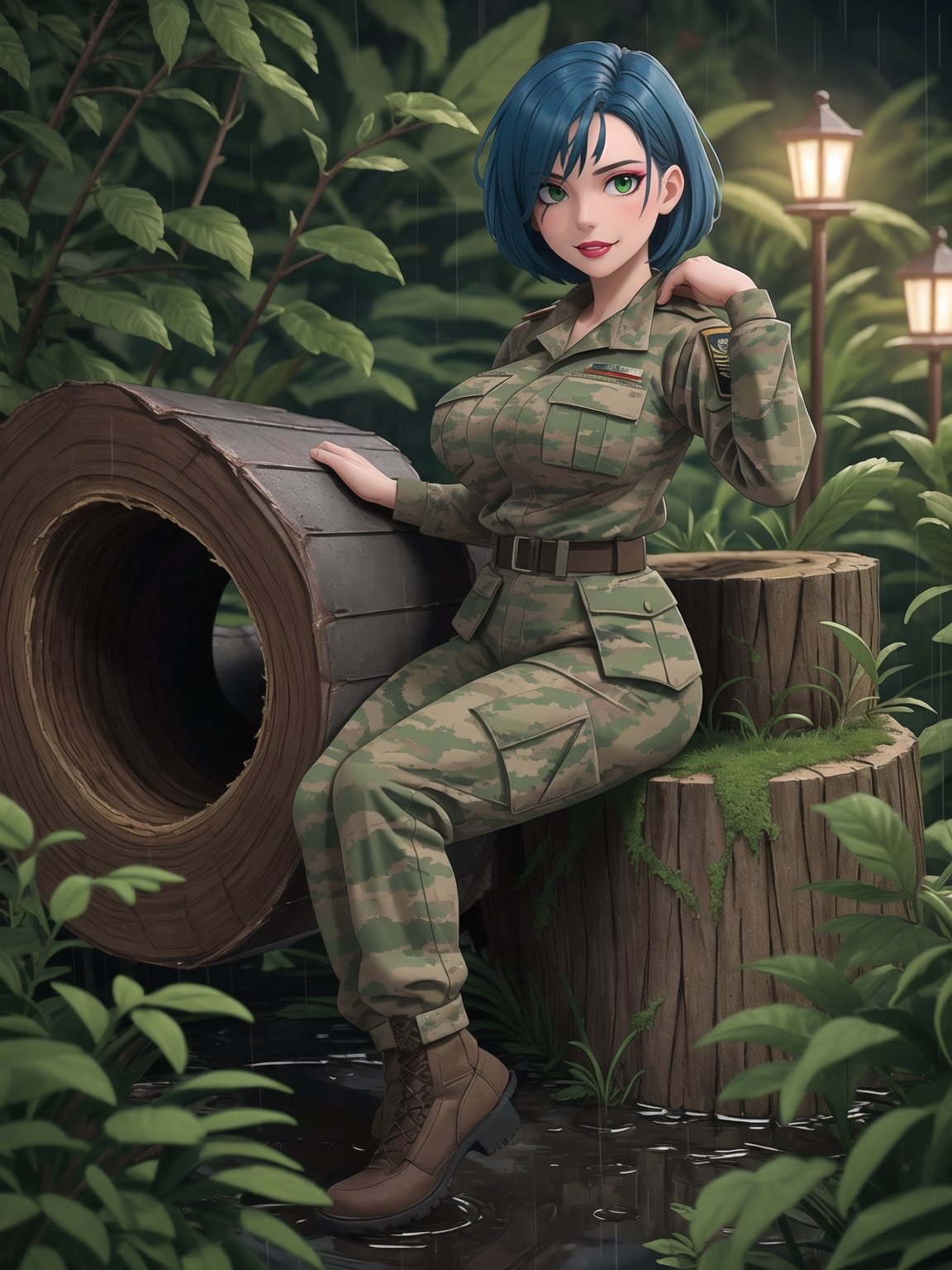 Resolution impeccable in 8K, ultra-detailed. In a style that pays homage to the Metal Gear Solid universe from Konami, created by Hideo Kojima, combining elements of realism and military aesthetics with nuances of anime. | In the dense night jungle, a stunning woman wears the iconic Snake suit from Metal Gear Solid 3. The American military uniform, snug and camouflaged for forests, stands out in detail, with soldier paint on her face. Her gigantic and firm breasts discreetly accentuate the silhouette. Blue hair, short with bangs over the right eye and two strands, adds a touch of unique style. | The figure, looking directly at the viewer, is immersed in the night jungle, filled with concrete military warehouses, trees, and logs. A military vehicle completes the scene, its presence standing out in the landscape. Heavy rain creates mud puddles, adding a dynamic element to the scene. | The composition, in atmospheric perspective, highlights the woman as the focal point, with a wide angle and an f/2.0 aperture to maximize depth. Rain lighting enhances the texture of the jungle, while the details of the suit, the figure, and the military vehicle are evident. | An extraordinary woman, embodying the essence of the Metal Gear Solid universe, facing the night challenges of the jungle with a captivating presence. | She: ((interacting and leaning on anything, very large structure+object, leaning against, sensual pose):1.3), ((Full body image)), perfect hand, fingers, hand, perfect, better_hands, More Detail,