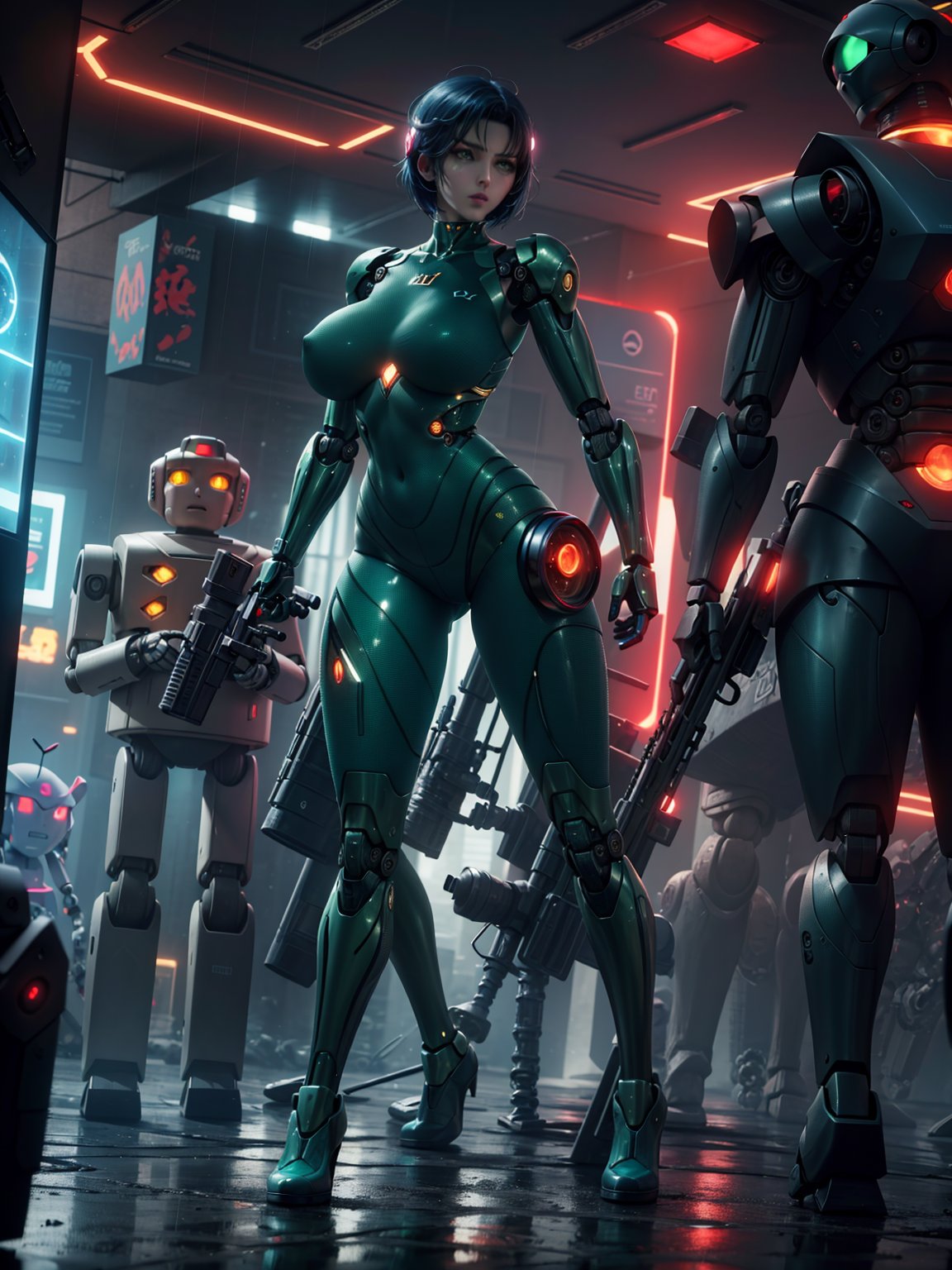 ((Full body):1.5) (({1/woman – cyborg}):1.5). Only {1/woman, cyborg}:((she has a semi human half machine half human body, is wearing a futuristic black suit extremely tight on her body):1.3). Only {1/woman, cyborg}:((has extremely large breasts):1.3). Only {1/woman – cyborg}:((has very short blue hair, dark green eyes):1.3). Only {1/woman – cyborg}:((stunning sensual poses holding a futuristic sniper rifle standing):1.3). In a futuristic city, it's raining a lot at night, the city is with ((several robots running):1.5) behind Only {1/cyborg woman}. anime, anime style, 16k, high resolution, ((best quality, high detail: 1.3)), UHD, ((masterpiece))