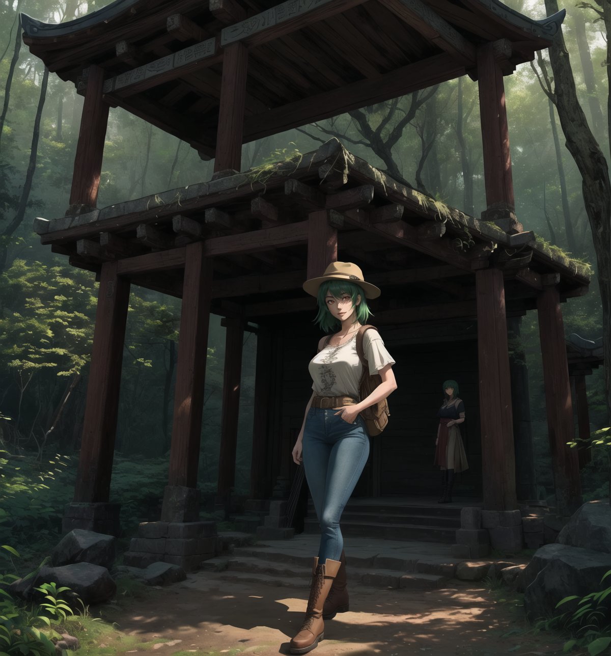 An adventure, archaeology, mystery, supernatural and anime masterpiece, rendered in crystal-clear 4K. A 30-year-old woman called Aiko, a brave and adventurous archaeologist, stands in a sensual and mysterious pose in an ancient temple in the middle of a forest. She is wearing an archaeologist's outfit consisting of a beige short-sleeved shirt, sturdy jeans and brown high boots. She also wears a brown backpack on her left shoulder, a beige wide-brimmed hat to protect her from the sun, a leather glove on her right hand and a flashlight around her waist. His green hair is cut in a modern and stylish short mohawk. His red eyes are looking at the viewer, smiling with white teeth, but with an air of mystery and danger. The scene takes place in an ancient temple in the middle of a forest, the place is mysterious and full of rock structures, wooden structures, carved rock structures and ancient ruins. The image highlights Aiko's sensual figure and the mysterious and supernatural elements of the ancient temple. The rock and wooden structures, together with Aiko, the ancient ruins and the sculptures, create an atmosphere of adventure, archaeology and mystery. The natural lighting of the forest and the shadows created by the structures enhance the details of the scene and create an even more mysterious atmosphere. Soft, shadowy lighting effects create a tense, mystery-laden atmosphere, while rough, detailed textures on the structures and Aiko's costume add realism to the image. | A sensual and mysterious scene of Aiko, a brave archaeologist in an ancient temple in the middle of a forest, mixing elements of adventure, archaeology, mystery and the supernatural in anime style. | (((((The image reveals a full-body shot as she assumes a sensual pose, engagingly leaning against a structure within the scene in an exciting manner. She takes on a relaxed pose as she interacts, boldly leaning on a structure, leaning back in an exciting way.))))). | ((perfect pose)), ((perfect fingers, better hands, perfect hands)), ((perfect legs, perfect feet)), ((perfect design)), ((perfect composition)), ((very detailed scene, very detailed background, perfect layout, correct imperfections)), More Detail, Enhance