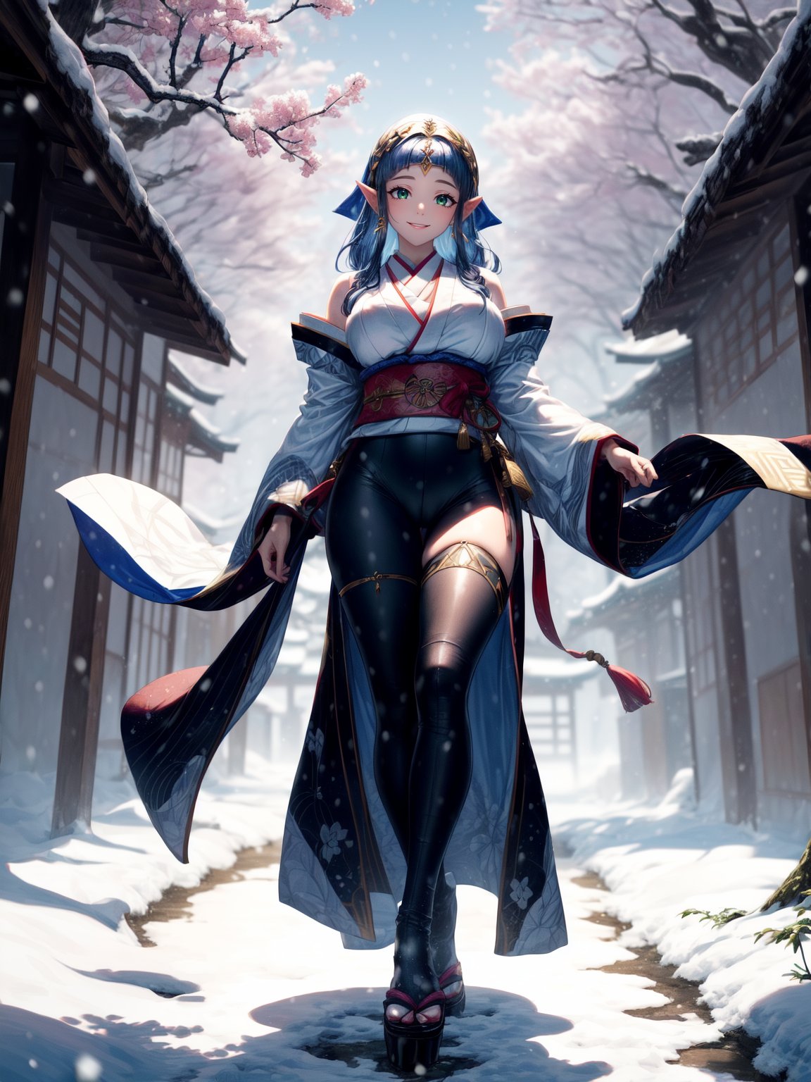 {((Princess Zelda))}, {((wearing extremely sensual white Shinobi costume with extremely tight and tight black parts on the body)), ((gigantic breasts)), ((blue hair, bangs in front of the eyes)), ((looking at the viewer, striking an erotic pose for the viewer [leaning on a sakura tree|leaning against and leaning against a column pinned to the ground with ancient writing])},  ((in an ancient Japanese village with several trees, it is snowing, it is daytime, strong wind)), (((full body)))), 16k, UHD, ((better quality, better resolution, better detail)),