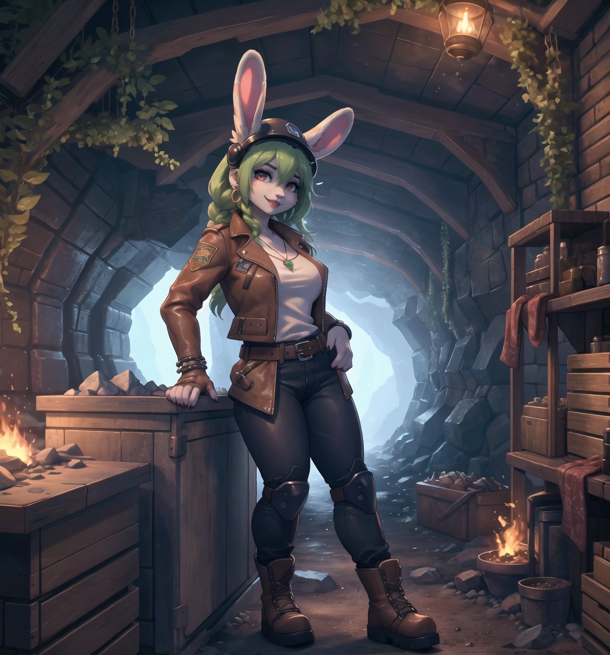 A kemonomimi adventure, fantasy, sci-fi, and anime style masterpiece, rendered in ultra-high resolution with razor-sharp details. | A 25-year-old rabbit woman named Luna is dressed in a bulldozer outfit consisting of a white t-shirt, a brown leather jacket with metal trim, black heavy-duty pants with metal knee pads, and tall brown boots with metal toe caps. . She also wears a mining helmet with a flashlight on the front, brown leather gloves with metal guards, a brown leather belt with a knife sheath around her waist, silver hoop earrings with rabbit-shaped pendants, a leather bracelet brown on her left hand and a silver ring with a green crystal on her right hand. Her green hair is straight and long, with two thin braids at the front. Her red eyes are looking straight at the viewer, with a ((cheerful and captivating smile that shows off her white teeth)) and red painted lips. | The scene takes place inside a mining cave, with rock structures, wooden structures, metal structures, mining machines, train tracks, ore carts and tools scattered around. Luna is standing, with a sensual and relaxed pose, holding a pickaxe with one hand and resting the other hand on her hip. The cave's dim, mysterious lighting creates dramatic shadows and highlights the details of the scene. | Soft, moody lighting effects create a cozy, relaxing atmosphere, while detailed textures on clothing and fabrics add realism to the image. | A charming and joyful scene of a beautiful rabbit woman dressed as an excavator in a mining cave, exploring themes of adventure, fantasy and science fiction. | (((((The image reveals a full-body_shot as she assumes a sensual_pose, engagingly leaning against a structure within the scene in an exciting manner. She takes on a sensual_pose as she interacts, boldly leaning on a structure, leaning back in an exciting way))))). | ((perfect_body)), ((perfect_pose)), ((full-body_shot)), ((perfect_fingers, better_hands, perfect_hands)), ((perfect_legs, perfect_feet)), ((perfect_design)), ((perfect_composition)), ((very detailed scene, very detailed background, perfect_layout, correct_imperfections)), ((More Detail, Enhance))