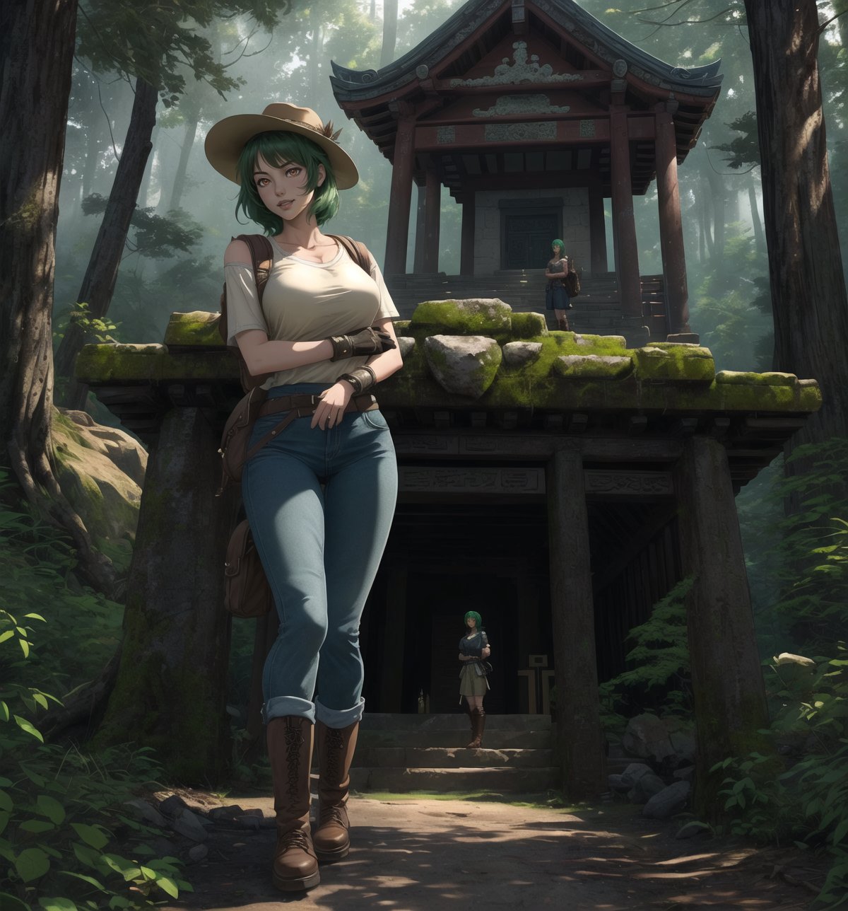 An adventure, archaeology, mystery, supernatural and anime masterpiece, rendered in crystal-clear 4K. A 30-year-old woman called Aiko, a brave and adventurous archaeologist, stands in a sensual and mysterious pose in an ancient temple in the middle of a forest. She is wearing an archaeologist's outfit consisting of a beige short-sleeved shirt, sturdy jeans and brown high boots. She also wears a brown backpack on her left shoulder, a beige wide-brimmed hat to protect her from the sun, a leather glove on her right hand and a flashlight around her waist. His green hair is cut in a modern and stylish short mohawk. His red eyes are looking at the viewer, smiling with white teeth, but with an air of mystery and danger. The scene takes place in an ancient temple in the middle of a forest, the place is mysterious and full of rock structures, wooden structures, carved rock structures and ancient ruins. The image highlights Aiko's sensual figure and the mysterious and supernatural elements of the ancient temple. The rock and wooden structures, together with Aiko, the ancient ruins and the sculptures, create an atmosphere of adventure, archaeology and mystery. The natural lighting of the forest and the shadows created by the structures enhance the details of the scene and create an even more mysterious atmosphere. Soft, shadowy lighting effects create a tense, mystery-laden atmosphere, while rough, detailed textures on the structures and Aiko's costume add realism to the image. | A sensual and mysterious scene of Aiko, a brave archaeologist in an ancient temple in the middle of a forest, mixing elements of adventure, archaeology, mystery and the supernatural in anime style. | (((((The image reveals a full-body shot as she assumes a sensual pose, engagingly leaning against a structure within the scene in an exciting manner. She takes on a relaxed pose as she interacts, boldly leaning on a structure, leaning back in an exciting way.))))). | ((full-body shot)), ((perfect body)), ((perfect pose)), ((perfect fingers, better hands, perfect hands)), ((perfect legs, perfect feet)), ((perfect design)), ((perfect composition)), ((very detailed scene, very detailed background, perfect layout, correct imperfections)), More Detail, Enhance