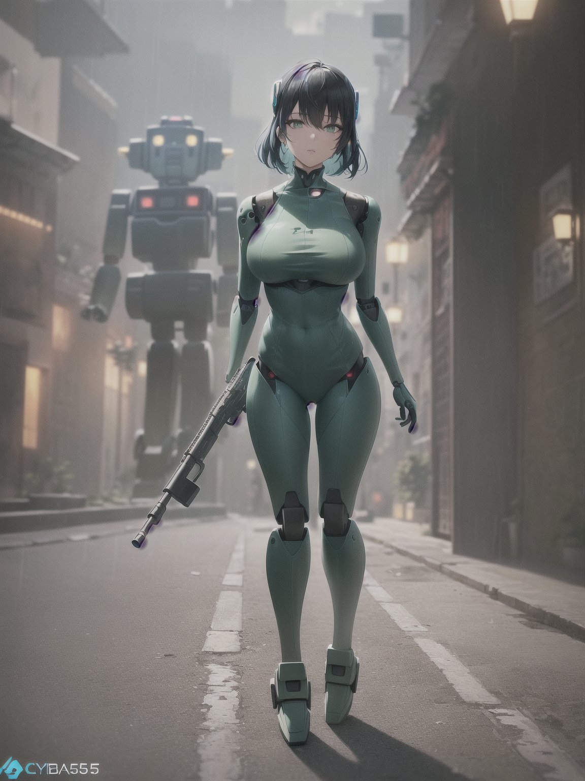 ((Full body):2) (({1/woman – cyborg}):1.5). Only {1/woman – cyborg}:((she has a semi human half machine half human body, is wearing a futuristic black suit extremely tight on her body):1.3). Only {1/woman – cyborg}:((has extremely large breasts):1.3). Only {1/woman – cyborg}:((has very short blue hair, dark green eyes):1.3). Only {1/woman – cyborg}:((stunning sensual poses holding a futuristic sniper rifle standing):1.3). In a futuristic city, it's raining a lot at night, the city is with ((several robots running):1.5) behind Only {1/woman – cyborg}. ((Unreal Engine 5):1.3), Mortal Kombat, 16k, high resolution, ((best quality, high detail: 1.3)), UHD, ((masterpiece))