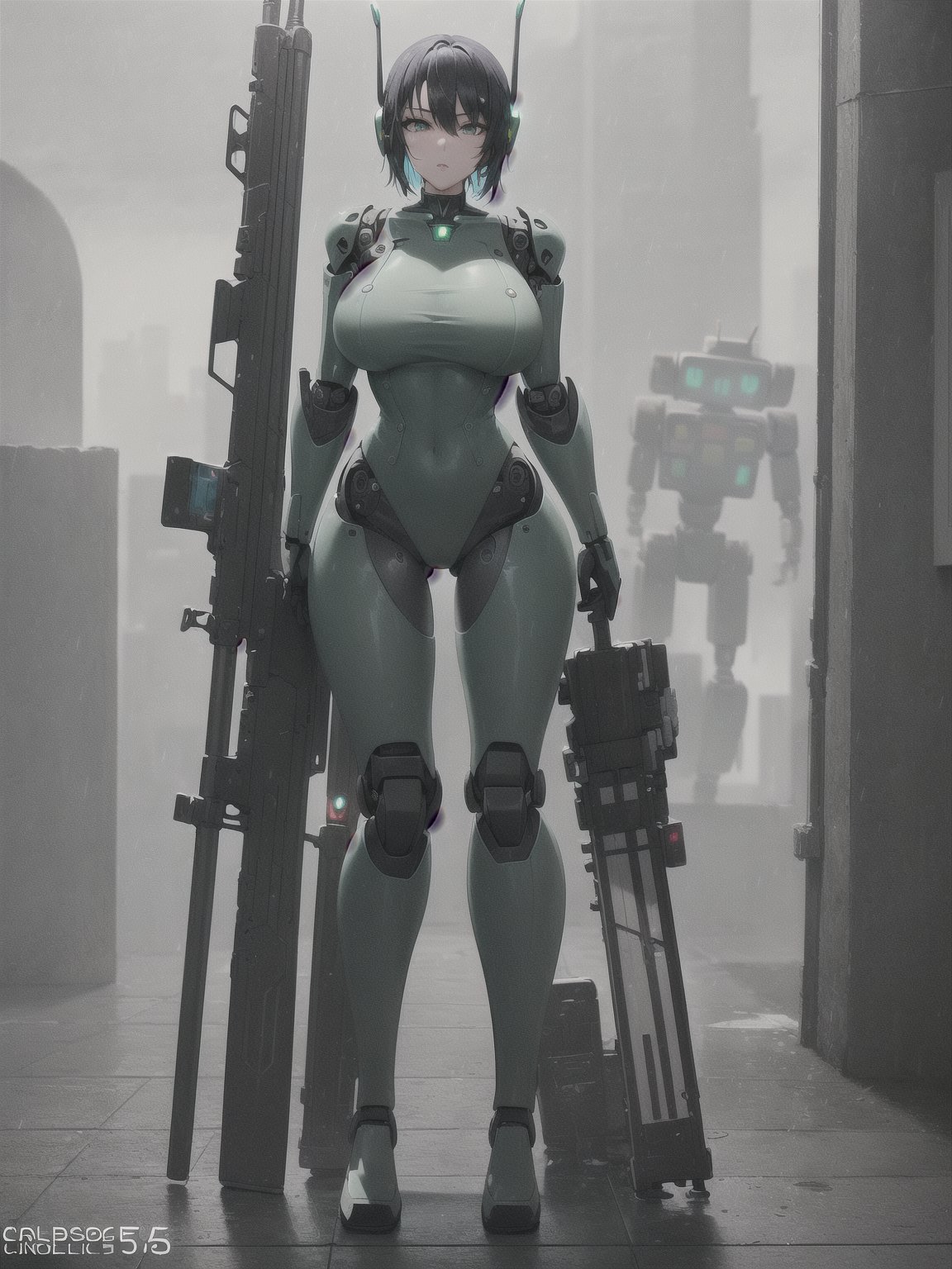 ((Full body):2) (({1/woman – cyborg}):1.5). Only {1/woman, cyborg}:((she has a semi human half machine half human body, is wearing a futuristic black suit extremely tight on her body):1.3). Only {1/woman, cyborg}:((has extremely large breasts):1.3). Only {1/woman – cyborg}:((has very short blue hair, dark green eyes):1.3). Only {1/woman – cyborg}:((stunning sensual poses holding a futuristic sniper rifle standing):1.3). In a futuristic city, it's raining a lot at night, the city is with ((several robots running):1.5) behind Only {1/cyborg woman}. ((Unreal Engine 5):1.3), anime, anime style, 16k, high resolution, ((best quality, high detail: 1.3)), UHD, ((masterpiece))