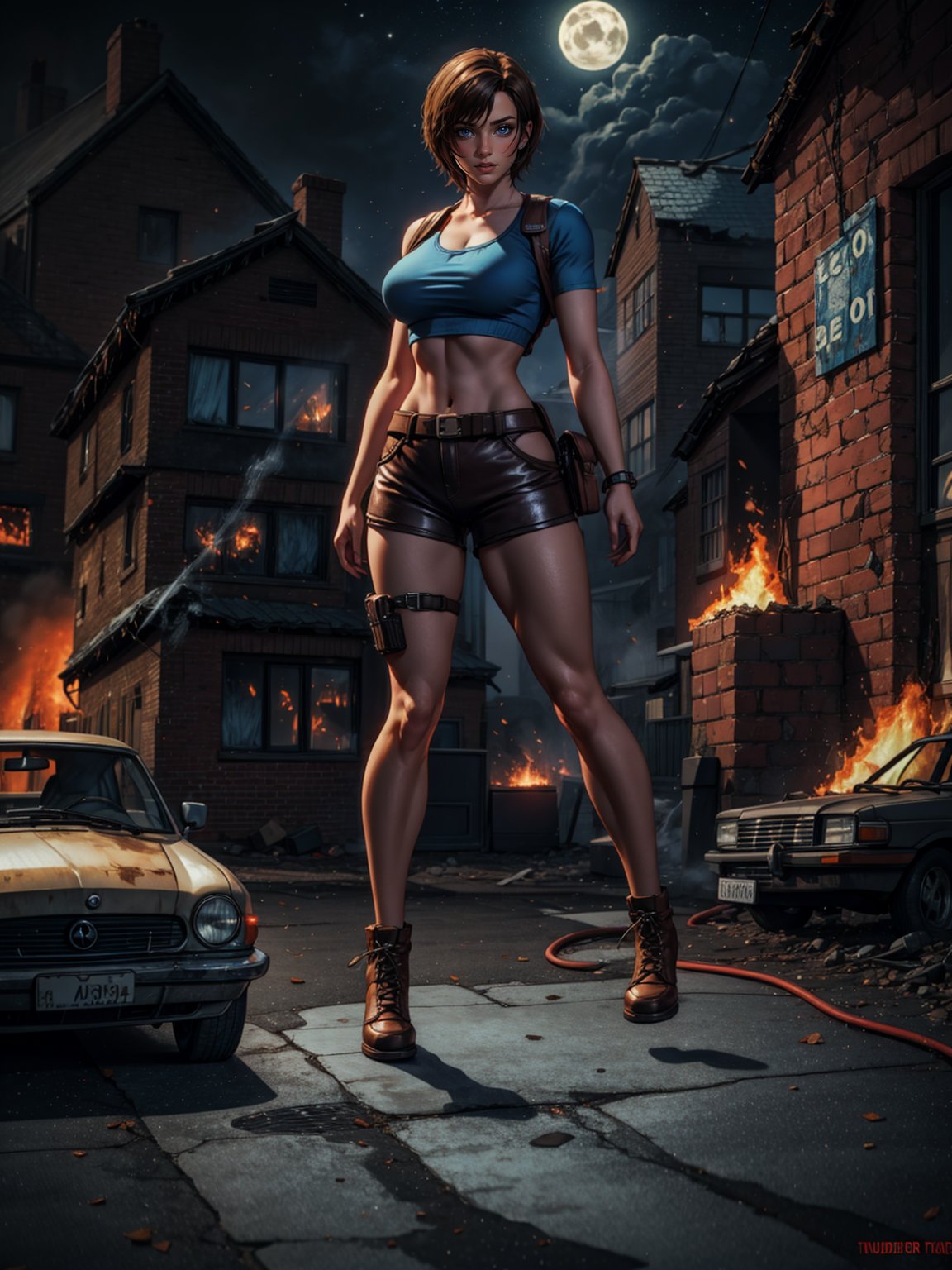 {((1 woman))}, only she is {((wearing a short blue t-shirt and extremely tight brown leather shorts, short and tight on the body)), only elá has ((giant breasts)), ((very slick brown short hair, blue eyes)), staring at the viewer, smiling, ((thunderous pose, macabre city, night, fog, multiple zombies, destroyed cars, houses on fire))}, ((full body):1.5),  ((Resident Evil)),  16k, best quality, best resolution, best sharpness,