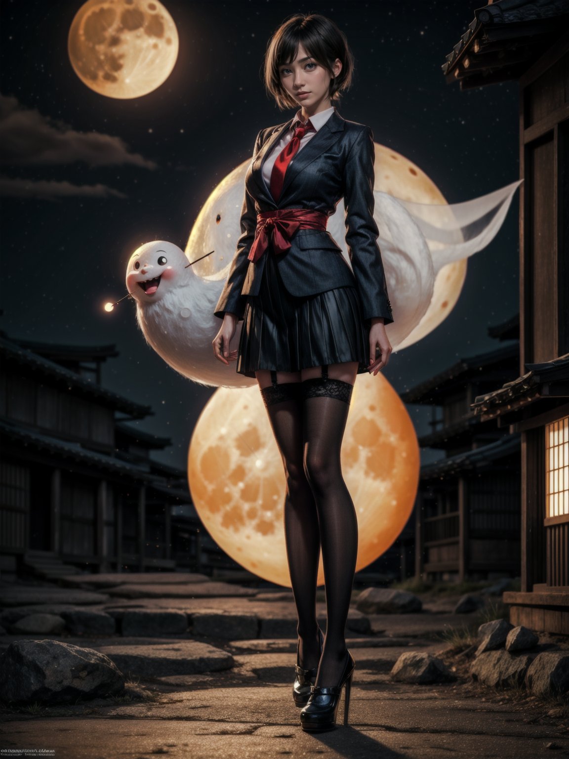 ((full body, standing):1.5), {((1 woman))}, {((wearing school suit with red skewer with tie, short black skirt, white stockings)), ((extremely large breasts)), ((very short black hair, blue eyes)) looking at the viewer, smiling, very happy, ((exhibitionist pose leaning back)), ((in an ancient Japanese ghost town, ghosts shadowing it, ghosts flying, night, just a full moon in the sky))}, (Fatal Frame Crimson Butterfly), 16k, best quality, best resolution, best sharpness, ultra detailed,