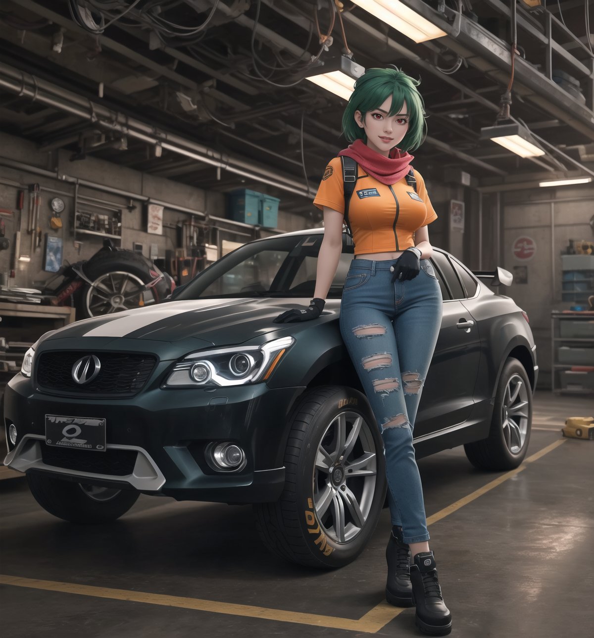 A masterpiece in an adventurous, mechanical, cyberpunk and futuristic style, rendered in 4K ultra-sharp. | The 26-year-old woman named Aiko, a skilled and passionate car mechanic, is in a sensual pose in a car repair workshop. She wears a mechanic's suit consisting of ripped jeans, a black T-shirt with a colorful logo of a racing team, and an orange safety vest. She also wears leather gloves, a pair of safety glasses and a green scarf on her head. Her green hair is in a modern and stylish cut, mohawk and short. Her red eyes are looking at the viewer, smiling showing her white teeth. The scene takes place in a car repair workshop, the place is lit by fluorescent lamps, with metal structures, wooden structures, tools, tires stacked and a race car under maintenance. | The image highlights Aiko's sensual figure and the elements of the car repair workshop. The metal and wooden structures, together with Aiko, the race car and the tools, create an adventurous, mechanical and cyberpunk environment. The artificial lighting of the fluorescent lamps creates dramatic shadows and enhances the details of the scene. | Soft and dark lighting effects create a relaxing and mysterious atmosphere, while rough and detailed textures on the structures and on Aiko's suit add realism to the image. | A sensual and adventurous scene of Aiko, a passionate car mechanic in a car repair workshop, mixing elements of adventure, mechanics, cyberpunk and futurism. | (((((The image reveals a full-body shot as she assumes a sensual pose, engagingly leaning against a structure within the scene in an exciting manner. She takes on a relaxed pose as she interacts, boldly leaning on a structure, leaning back in an exciting way))))). | ((full-body shot)), ((perfect body)), ((perfect pose)), ((perfect fingers, better hands, perfect hands)), ((perfect legs, perfect feet)), ((huge breasts, big natural breasts, sagging breasts)), ((perfect design)), ((perfect composition)), ((very detailed scene, very detailed background, perfect layout, correct imperfections)), More Detail, Enhance)), Sexy Toon,Enhance