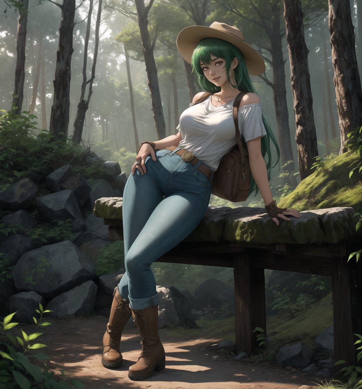 An adventure, archaeology, mystery, supernatural and anime masterpiece, rendered in crystal-clear 4K. A 30-year-old woman called Aiko, a brave and adventurous archaeologist, stands in a sensual and mysterious pose in an ancient temple in the middle of a forest. She is wearing an archaeologist's outfit consisting of a beige short-sleeved shirt, sturdy jeans and brown high boots. She also wears a brown backpack on her left shoulder, a beige wide-brimmed hat to protect her from the sun, a leather glove on her right hand and a flashlight around her waist. His green hair is cut in a modern and stylish short mohawk. His red eyes are looking at the viewer, smiling with white teeth, but with an air of mystery and danger. The scene takes place in an ancient temple in the middle of a forest, the place is mysterious and full of rock structures, wooden structures, carved rock structures and ancient ruins. The image highlights Aiko's sensual figure and the mysterious and supernatural elements of the ancient temple. The rock and wooden structures, together with Aiko, the ancient ruins and the sculptures, create an atmosphere of adventure, archaeology and mystery. The natural lighting of the forest and the shadows created by the structures enhance the details of the scene and create an even more mysterious atmosphere. Soft, shadowy lighting effects create a tense, mystery-laden atmosphere, while rough, detailed textures on the structures and Aiko's costume add realism to the image. | A sensual and mysterious scene of Aiko, a brave archaeologist in an ancient temple in the middle of a forest, mixing elements of adventure, archaeology, mystery and the supernatural in anime style. | (((((The image reveals a full-body shot as she assumes a sensual pose, engagingly leaning against a structure within the scene in an exciting manner. She takes on a relaxed pose as she interacts, boldly leaning on a structure, leaning back in an exciting way.))))). | ((full-body shot)), ((perfect pose)), ((perfect fingers, better hands, perfect hands)), ((perfect legs, perfect feet)), ((perfect design)), ((perfect composition)), ((very detailed scene, very detailed background, perfect layout, correct imperfections)), More Detail, Enhance