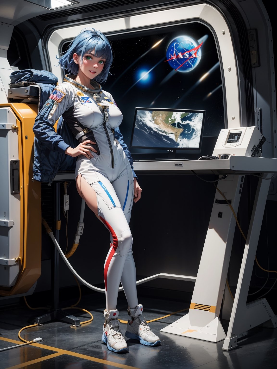 A female astronaut, wearing white astronaut suit with blue parts, ((astronaut helmet, gigantic breasts)), blue hair, messy hair, short hair, straight hair, hair with bangs in front of the eyes, looking at the viewer, (((pose with interaction and leaning on [something|an object]))), in an aircraft, with various computers, machines, vehicles, ((full body):1.5), 16k, UHD, best possible quality, ultra detailed, best possible resolution, Unreal Engine 5, professional photography, well-detailed fingers, well-detailed hand, perfect_hands, ((NASA astronaut))