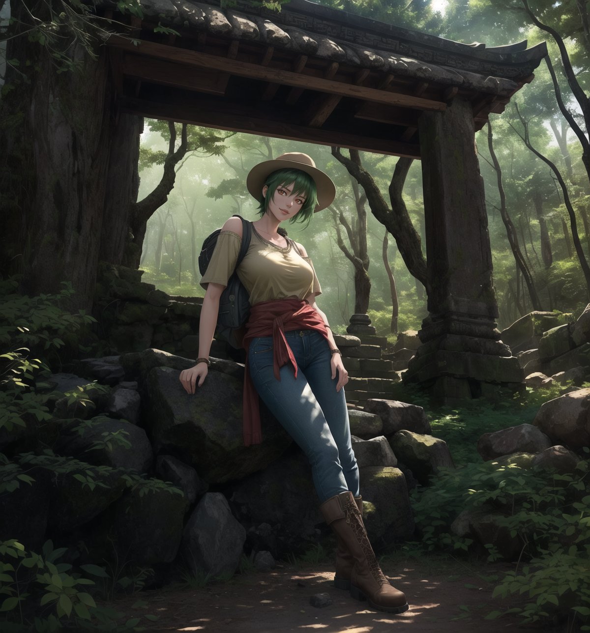 An adventure, archaeology, mystery, supernatural and anime masterpiece, rendered in crystal-clear 4K. A 30-year-old woman called Aiko, a brave and adventurous archaeologist, stands in a sensual and mysterious pose in an ancient temple in the middle of a forest. She is wearing an archaeologist's outfit consisting of a beige short-sleeved shirt, sturdy jeans and brown high boots. She also wears a brown backpack on her left shoulder, a beige wide-brimmed hat to protect her from the sun, a leather glove on her right hand and a flashlight around her waist. His green hair is cut in a modern and stylish short mohawk. His red eyes are looking at the viewer, smiling with white teeth, but with an air of mystery and danger. The scene takes place in an ancient temple in the middle of a forest, the place is mysterious and full of rock structures, wooden structures, carved rock structures and ancient ruins. The image highlights Aiko's sensual figure and the mysterious and supernatural elements of the ancient temple. The rock and wooden structures, together with Aiko, the ancient ruins and the sculptures, create an atmosphere of adventure, archaeology and mystery. The natural lighting of the forest and the shadows created by the structures enhance the details of the scene and create an even more mysterious atmosphere. Soft, shadowy lighting effects create a tense, mystery-laden atmosphere, while rough, detailed textures on the structures and Aiko's costume add realism to the image. | A sensual and mysterious scene of Aiko, a brave archaeologist in an ancient temple in the middle of a forest, mixing elements of adventure, archaeology, mystery and the supernatural in anime style. | (((((The image reveals a full-body shot as she assumes a sensual pose, engagingly leaning against a structure within the scene in an exciting manner. She takes on a relaxed pose as she interacts, boldly leaning on a structure, leaning back in an exciting way.))))). | ((full-body shot)), ((perfect pose)), ((perfect fingers, better hands, perfect hands)), ((perfect legs, perfect feet)), ((perfect design)), ((perfect composition)), ((very detailed scene, very detailed background, perfect layout, correct imperfections)), More Detail, Enhance