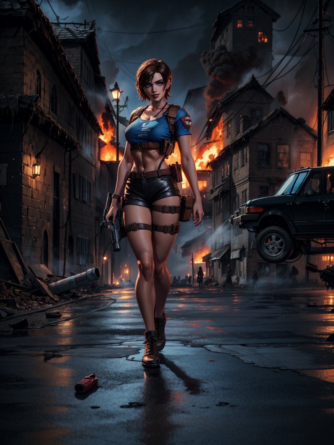 {((1 woman))}, only she is {((wearing short blue t-shirt and extremely tight brown leather shorts, short and tight on the body)), only elá has ((giant breasts)), (((short brown hair very slick, blue eyes)), staring at the viewer, smiling, ((pose with gun, macabre city, night, fog, multiple people+zombies walking in the street, cars destroyed, houses on fire)},  ((full body):1.3), ((Resident Evil)), 16k, best quality, best resolution, best sharpness,