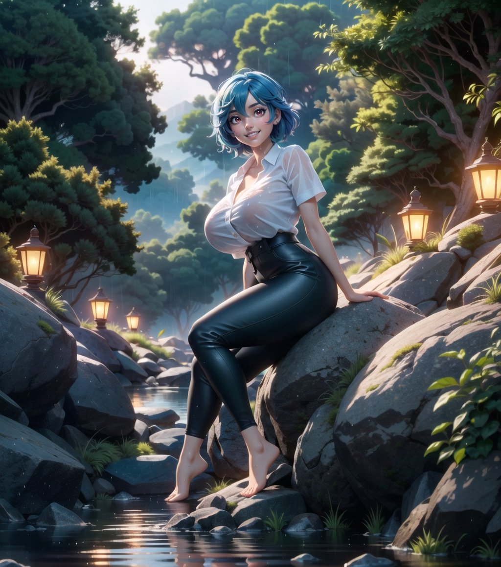 ((Masterpiece in 8K resolution, realistic style with anime touches, effect of light reflected on wet surfaces.)) | A beautiful 33-year-old woman with gigantic breast wears a tight white T-shirt and a red accordion skirt, revealing her bare feet and black climbing gloves. Her (her (short blue hair is arranged in a mohawk)), and her ((red eyes)) shine brightly as ((smiles at the viewer, showing her teeth)). She bravely holds onto damp rocks, climbing a steep mountain during a night of torrential rain. | The scene features towering rock structures and a panoramic view of a forest in the distance. The lighting is composed of cold, shadowy lights, highlighting the contrast between wet surfaces and dry elements. | Composition at an inclined angle, emphasizing the climbing prowess and the beauty of the natural scenery. | Volumetric lighting effects and reflections in rainwater, creating a unique and immersive atmosphere. | A brave woman climbs a steep mountain during a rainy night, smiling at the viewer with confidence. | The camera is positioned very close to her, revealing her entire body as she assumes a dynamic-pose, interacting with and leaning against a structure in the scene in an exciting way. | (((She takes a sensual-pose as she interacts, boldly leaning on a structure, leaning back in an exciting way.))), (((((full-body portrait))))), ((perfect_pose, perfect_anatomy, perfect_body)), ((perfect_fingers, perfect_hands, better_hands):0.6), ((perfect_composition, perfect_design, perfect_layout, perfect_detail), (ultra_detailed, More Detail, Enhance)), ,More Detail