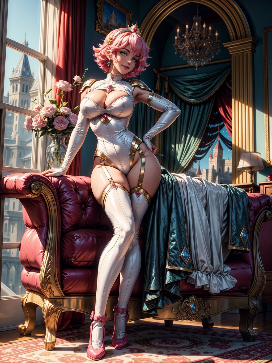 A woman, wearing the white mecha costume+MegaMan costume+Spider-Man costume, gigantic breasts, pink hair, very short hair, curly hair, bangs in front of the eyes, gold crown with jewels on the head, looking at the viewer, (((erotic pose interacting and leaning on an object))), in a princess room in a castle with furniture, statue, window showing the city with a beautiful sun at the top right, ((full body):1.5). 16k, UHD, best possible quality, ((best possible detail):1), best possible resolution, Unreal Engine 5, professional photography, ((Princess Peach)), perfect_hands, ((perfect_hand):1.2), in the style of SM