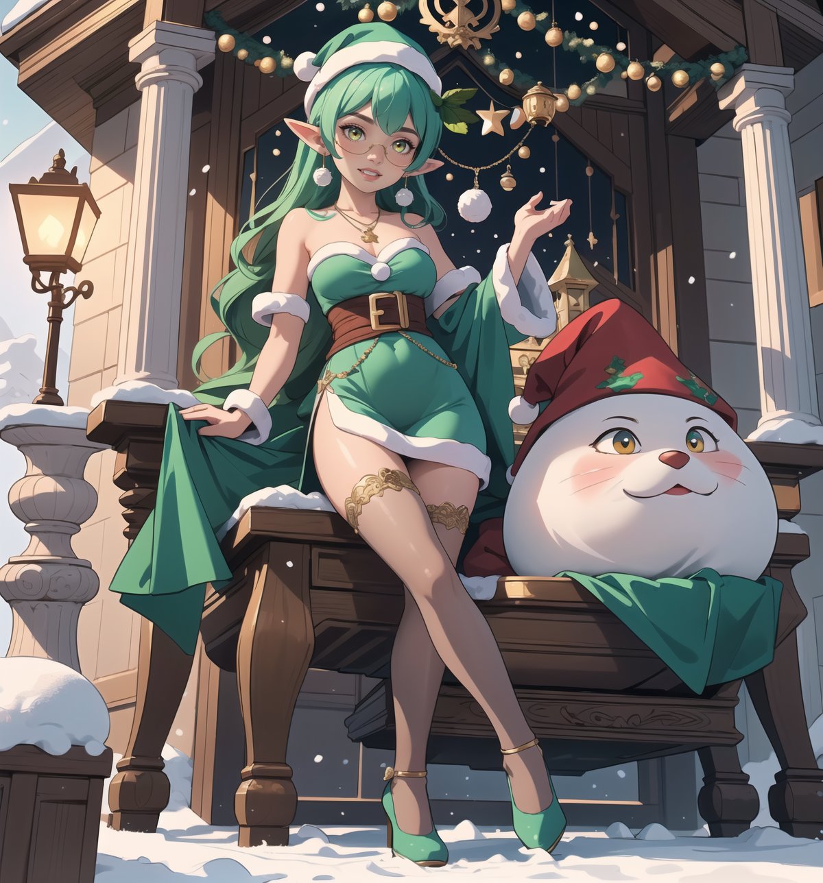 Image in Christmas, Fantasy, Adventure and Romance style, rendered in crystal clear 4K. | Minty, a 24-year-old woman with an athletic body and prominent curves, is posing in a Santa Claus house filled with wooden structures, snow, metal structures, plastic structures, a sleigh and toys. She is dressed in a green and white Santa Claus elf costume, with red details, which fits her body perfectly. Her short green hair is styled in a sleek, modern cut, while her bright yellow eyes are looking at the viewer with a bright ((bright smile, showing off her white teeth)) and red painted lips. She is also wearing a pair of green sunglasses with mirrored lenses, a gold necklace with a bell-shaped pendant, silver bracelets on her hands and a gold ring with a small diamond on her left hand. | The camera captures Minty in a three-quarter angle, with Santa's house serving as a festive, enchanted backdrop. The lighting is warm and welcoming, with twinkling lights on Christmas trees and lit candles scattered throughout the house. | Gently falling snow effects and a magical glow further add to the feeling of fantasy and adventure. | Theme Summary: Minty, an attractive young woman in a Santa elf costume, posing in a Santa house filled with toys and festive decorations. | (((((The camera captures Minty in a full-body_shot, striking a sensual_pose, leaning enticingly on a structure within the scene. She assumes a relaxed_pose as she interacts, leaning on the structure in the scene, reclining sensually to add an extra allure to the image))))). | ((perfect_body)), ((perfect_pose)), ((full-body_shot)), ((perfect_fingers, better_hands, perfect_hands)), ((perfect_legs, perfect_feet)), ((perfect_design)), ((fix_errors, perfect_composition) ), ((very detailed scene, very detailed background, perfect_layout, correct_imperfections)), ((fix_errors, More Detail, Enhance))