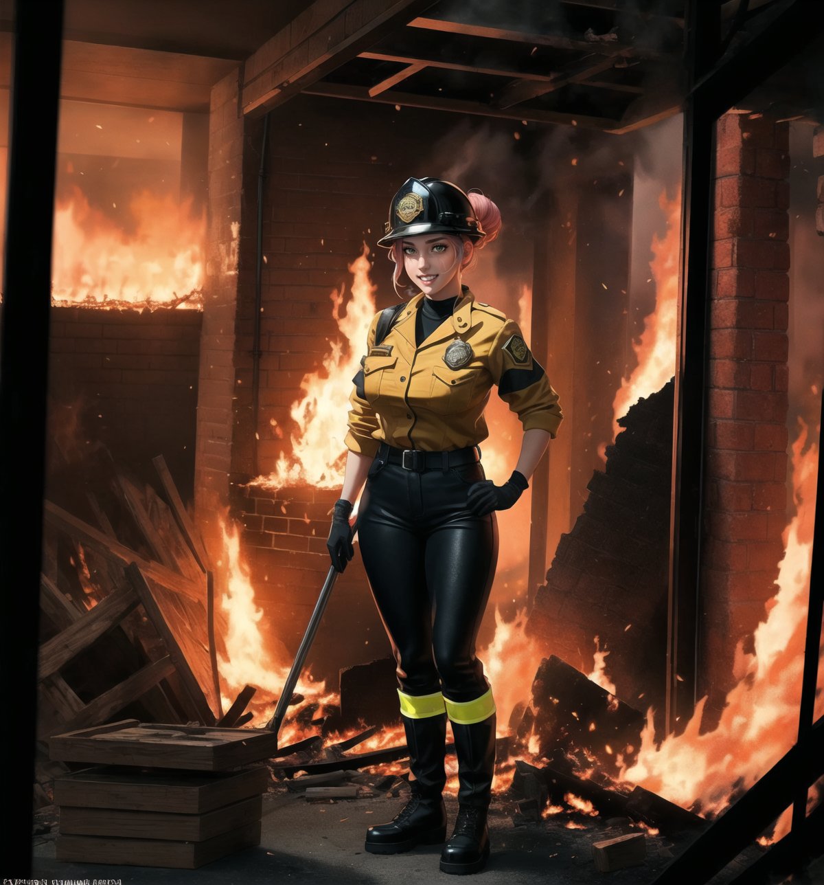 An ultra-detailed 8K masterpiece with a realistic and dramatic style, rendered in ultra-high resolution with graphic detail. | Maya, a young 23-year-old woman, is dressed in a yellow and black firefighter outfit consisting of a fire-resistant leather jacket, fire-resistant leather pants, black rubber boots, and a yellow helmet with a visor. She also wears black leather gloves, a seat belt with tools, and an oxygen tank on her back. Her pink hair is styled in a high bun, with a few loose strands falling across her face. She has green eyes, looking at the viewer with a ((confident smile that shows her teeth)). She is located inside a burning apartment, with destroyed structures, brick structures, burned machines and burned wooden structures. The fire is spreading quickly, creating high flames and thick smoke. Maya is using her experience and equipment to navigate the burning apartment, looking for survivors and fighting the flames. | The image highlights Maya's courageous figure and the destructive elements of the burning apartment. The destroyed structures, brick structures, burned machinery and burned wooden structures, along with the firefighter, create a chaotic and dangerous environment. The tall flames and thick smoke surrounding the firefighter add a dramatic touch to the scene. | Dramatic lighting effects with shades of red, orange and yellow highlight the contrasts between light and shadow, enhancing the intensity of the scene and creating an atmosphere of emergency. Detailed textures on the skin, suit, helmet, gloves, seat belt, oxygen tank and boots add realism to the image. | A dramatic and emotional scene of a young firefighter using her experience and equipment to navigate a burning apartment, searching for survivors and fighting the flames. | ((((full-body shot)))), ((perfect pose)), ((perfect limbs, perfect fingers, better hands, perfect hands, hands):0.8), ((perfect legs, perfect feet)), ((perfect design)), ((perfect composition)), ((very detailed scene, very detailed background, perfect layout, correct imperfections)), Enhance, Ultra details++, More Detail, poakl