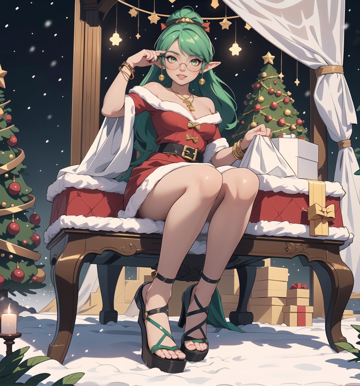 Image in Christmas, Fantasy, Adventure and Romance style, rendered in crystal clear 4K. | Minty, a 24-year-old woman with an athletic body and prominent curves, is posing in a Santa Claus house filled with wooden structures, snow, metal structures, plastic structures, a sleigh and toys. She is dressed in a green and white Santa Claus elf costume, with red details, which fits her body perfectly. Her short green hair is styled in a sleek, modern cut, while her bright yellow eyes are looking at the viewer with a bright ((bright smile, showing off her white teeth)) and red painted lips. She is also wearing a pair of green sunglasses with mirrored lenses, a gold necklace with a bell-shaped pendant, silver bracelets on her hands and a gold ring with a small diamond on her left hand. | The camera captures Minty in a three-quarter angle, with Santa's house serving as a festive, enchanted backdrop. The lighting is warm and welcoming, with twinkling lights on Christmas trees and lit candles scattered throughout the house. | Gently falling snow effects and a magical glow further add to the feeling of fantasy and adventure. | Theme Summary: Minty, an attractive young woman in a Santa elf costume, posing in a Santa house filled with toys and festive decorations. | (((((The camera captures Minty in a full-body_shot, striking a sensual_pose, leaning enticingly on a structure within the scene. She assumes a relaxed_pose as she interacts, leaning on the structure in the scene, reclining sensually to add an extra allure to the image))))). | ((perfect_body)), ((perfect_pose)), ((full-body_shot)), ((perfect_fingers, better_hands, perfect_hands)), ((perfect_legs, perfect_feet)), ((perfect_design)), ((fix_errors, perfect_composition) ), ((very detailed scene, very detailed background, perfect_layout, correct_imperfections)), ((fix_errors, More Detail, Enhance))