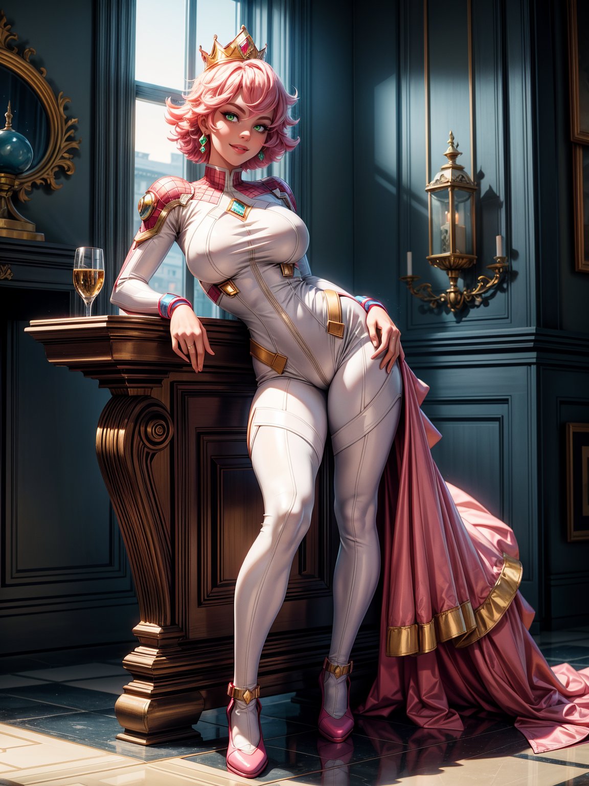 A woman, wearing the white mecha costume+MegaMan costume+Spider-Man costume, gigantic breasts, pink hair, very short hair, curly hair, bangs in front of the eyes, gold crown with jewels on the head, looking at the viewer, (((erotic pose interacting and leaning on an object))), in a princess room in a castle with furniture, statue, window showing the city with a beautiful sun at the top right, ((full body):1.5). 16k, UHD, best possible quality, ((best possible detail):1), best possible resolution, Unreal Engine 5, professional photography, ((Princess Peach)), perfect_hands,in the style of SM