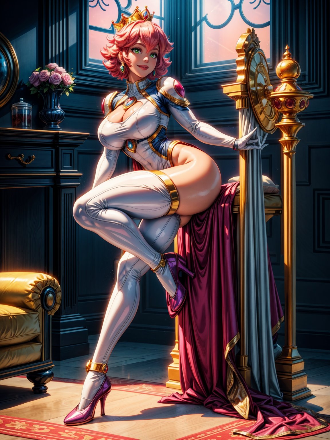 A woman, wearing the white mecha costume+MegaMan costume+Spider-Man costume, gigantic breasts, pink hair, very short hair, curly hair, bangs in front of the eyes, gold crown with jewels on the head, looking at the viewer, (((erotic pose interacting and leaning on an object))), in a princess room in a castle with furniture, statue, window showing the city with a beautiful sun at the top right, ((full body):1.5). 16k, UHD, best possible quality, ((best possible detail):1), best possible resolution, Unreal Engine 5, professional photography, ((Princess Peach)), perfect_hands, in the style of SM