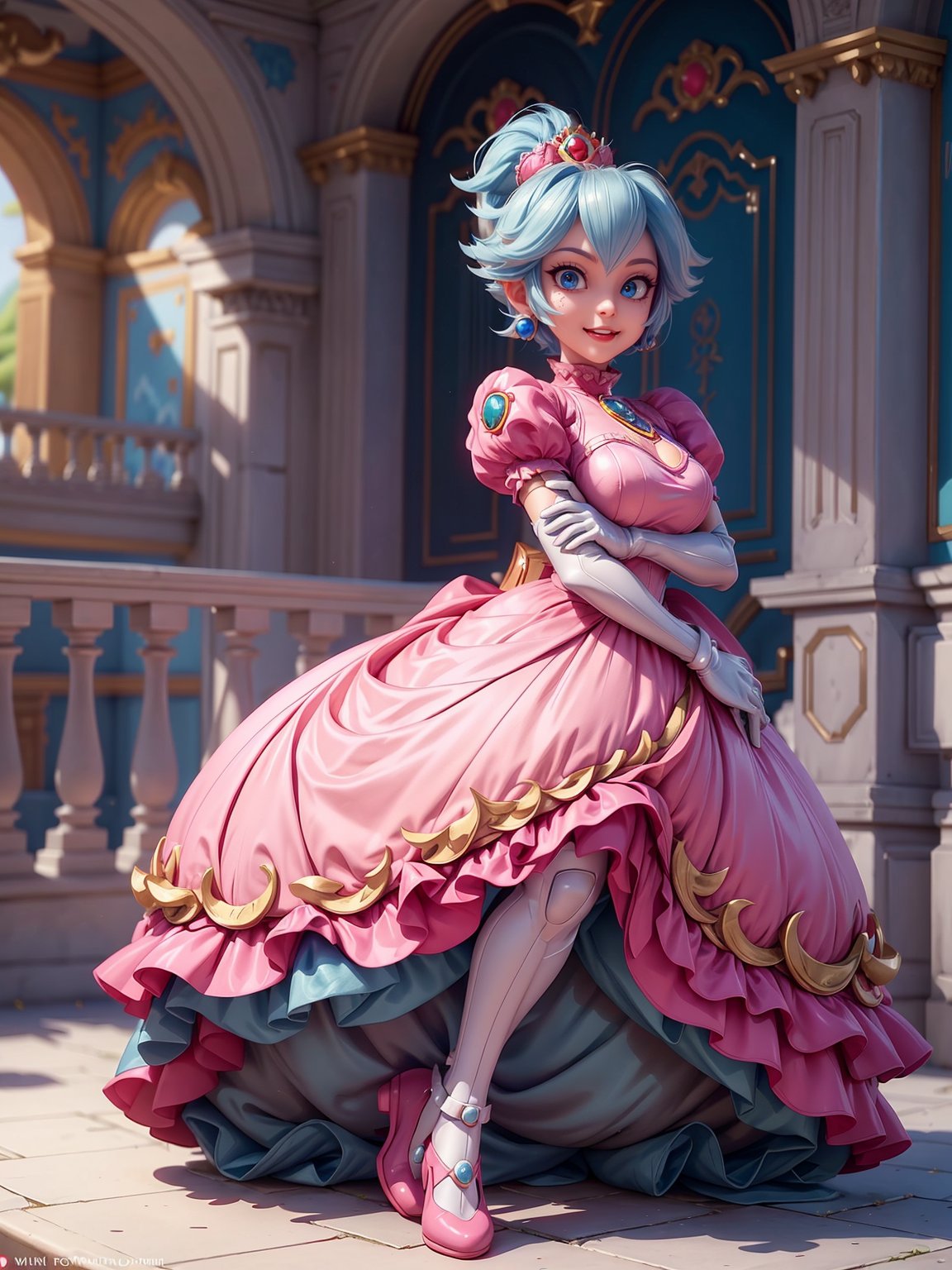 Princess Peach, wearing ninja/mecha+robotic costume, whites with pink parts, extremely tight and tight body, absurdly gigantic breasts, blue hair, very short hair, mohawk hair, ponytail hair, quiff hair, ((( erotic pose interacting and leaning on something))), in a castle, windows, furniture, giant mushrooms, ((full body):1.5). 16k, UHD, best possible quality, ((best possible detail):1), best possible resolution, Unreal Engine 5, professional photography, ((super mario bros))