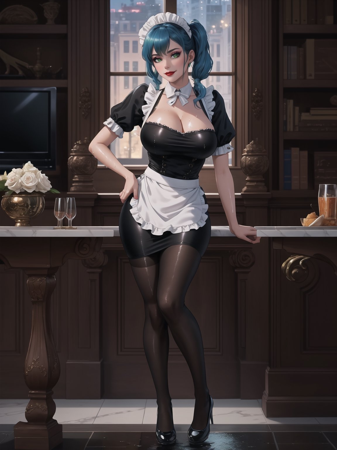 High resolution in 4K, inspired by urban surrealism with touches of classic elegance. | The housekeeper, a beautiful 30-year-old woman, works boldly and sensually. Dressed in a black maid outfit with a white apron, lycra stockings, and black flat shoes, she stares directly at the viewer with her long, blue hair tied in two pigtails with metallic clips, adding a playful touch to her appearance. Her entire body and clothing are wet from water, giving a bold look to the scene. | The setting is in a large and luxurious apartment, filled with elegant furniture and marble structures. A glass dining table, a bookshelf with a 90-inch television, and a window overlooking the rainy city at night make up the scene. The housekeeper, with a bold attitude, interacts with imposing structures, leaning on them and adopting sensual poses, creating a provocative and unique dynamic. | A 30-year-old housekeeper with a blend of urban surrealism and classic elegance, working boldly and sensually in a luxurious apartment during a rainy night. | She is striking a ((sensual pose while interacting, boldly leaning on a large structure in the scene. Elegantly leaning against, it adds a unique touch to the scene.):1.3), ((Full body image)), perfect hand, fingers, hand, perfect, better_hands, More Detail,