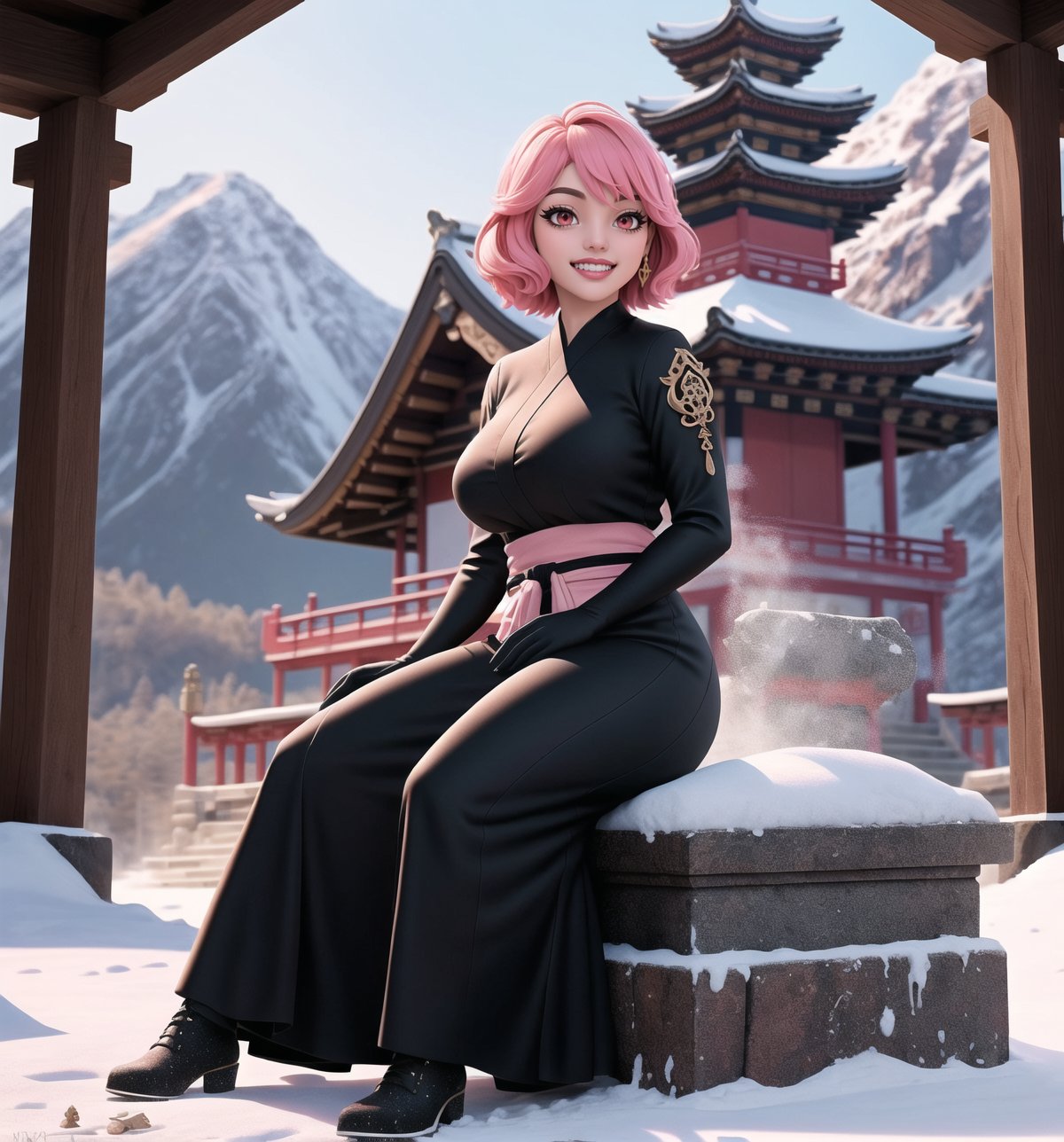 An ultra-detailed 16K masterpiece with fantasy and adventure styles, rendered in ultra-high resolution with realistic detail. Myia, a beautiful 23-year-old woman, is dressed as a ninja in an ancient temple in the snowy mountains. She wears a suit of black clothes, a red sash, black boots and black gloves. Her short ((pink hair)) is styled in a Mohican cut, with gradient effects. She has red eyes, ((looking at the viewer while smiling, showing her teeth)) and wearing red lipstick. The image emphasises Myia's imposing figure and the architectural elements of the ancient temple. The rocky, wooden and carved structures, together with the statuettes and the background of snowy mountains, create a mysterious and tense atmosphere. The melted wax candles, stone sarcophagus and bones scattered on the floor add macabre detail to the scene. Soft, sombre lighting effects create a relaxing, mysterious atmosphere, while detailed textures on the structures and costume add realism to the image. | A tense and mysterious scene of a beautiful ninja in an ancient temple in the snowy mountains, fusing elements of fantasy and adventure. (((The image reveals a full-body shot as Myia assumes a sensual pose, engagingly leaning against a structure within the scene in an exciting manner. She takes on a sensual pose as she interacts, boldly leaning on a structure, leaning back and boldly throwing herself onto the structure, reclining back in an exhilarating way.))). | ((((full-body shot)))), ((perfect pose)), ((perfect limbs, perfect fingers, better hands, perfect hands, hands)), ((perfect legs, perfect feet)), ((huge breasts)), ((perfect design)), ((perfect composition)), ((very detailed scene, very detailed background, perfect layout, correct imperfections)), Enhance, Ultra details++, More Detail, poakl