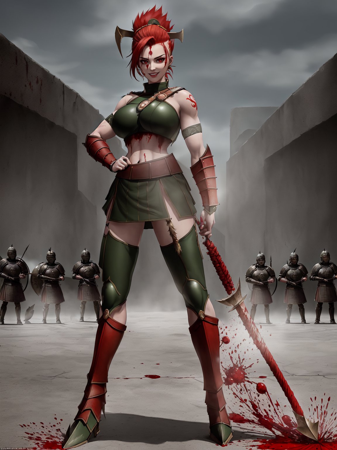 ((Full body):2) (({Only 1/Female}):2):{((wearing extremely sexual Spartan warrior costume, short and tight on the body):1.5), ((extremely large breasts):1.5 ), ((red mohawk hair, red eyes):1.5) ((tattoos all over body, blood running down body, looking at viewer, seductive smile):1.5), ((striking erotic poses):1.5)}; {((Background:Spartan city full of Spartan warriors, with different colored hair style, Spartan army attire):1.5)}, Hyperrealism, 16k, ((best quality, high details): 1.4), anatomically correct, masterpiece press, uhd,EnvyMix