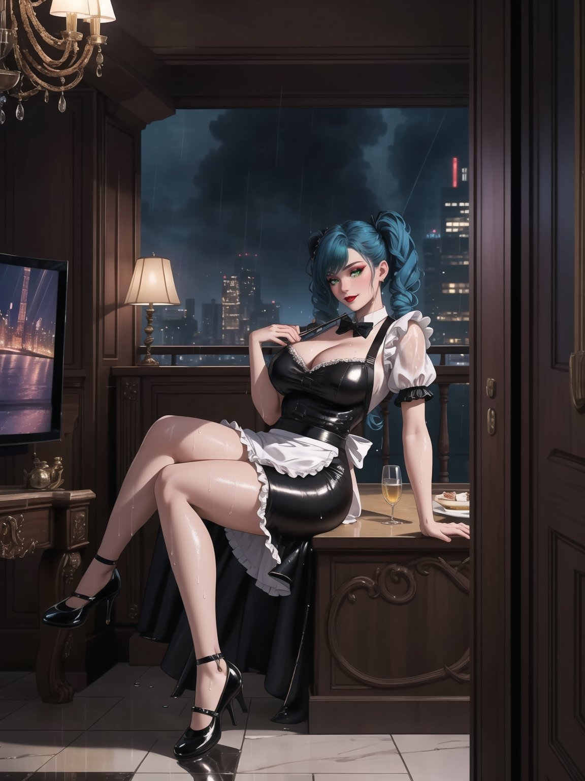 High resolution in 4K, inspired by urban surrealism with touches of classic elegance. | The housekeeper, a beautiful 30-year-old woman, works boldly and sensually. Dressed in a black maid outfit with a white apron, lycra stockings, and black flat shoes, she stares directly at the viewer with her long, blue hair tied in two pigtails with metallic clips, adding a playful touch to her appearance. Her entire body and clothing are wet from water, giving a bold look to the scene. | The setting is in a large and luxurious apartment, filled with elegant furniture and marble structures. A glass dining table, a bookshelf with a 90-inch television, and a window overlooking the rainy city at night make up the scene. The housekeeper, with a bold attitude, interacts with imposing structures, leaning on them and adopting sensual poses, creating a provocative and unique dynamic. | A 30-year-old housekeeper with a blend of urban surrealism and classic elegance, working boldly and sensually in a luxurious apartment during a rainy night. | She is striking a ((sensual pose while interacting, boldly leaning on a large structure in the scene. Elegantly leaning against, it adds a unique touch to the scene.):1.3), ((Full body image)), perfect hand, fingers, hand, perfect, better_hands, More Detail,