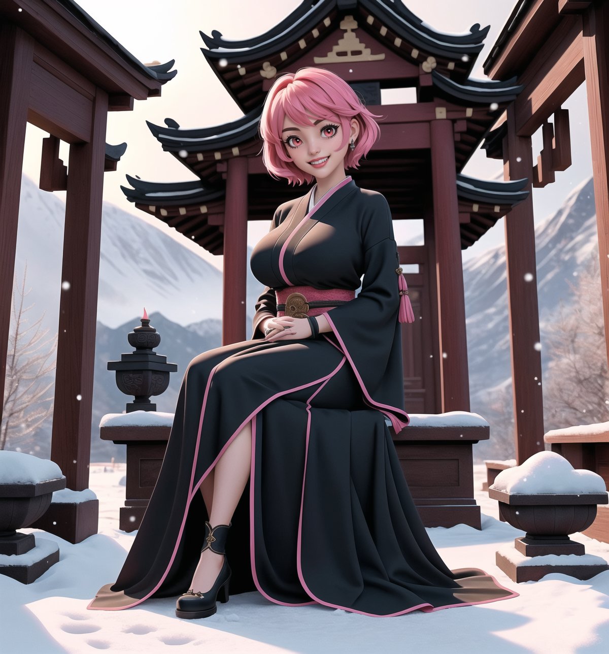 An ultra-detailed 16K masterpiece with fantasy and adventure styles, rendered in ultra-high resolution with realistic detail. Myia, a beautiful 23-year-old woman, is dressed as a ninja in an ancient temple in the snowy mountains. She wears a suit of black clothes, a red sash, black boots and black gloves. Her short ((pink hair)) is styled in a Mohican cut, with gradient effects. She has red eyes, ((looking at the viewer while smiling, showing her teeth)) and wearing red lipstick. The image emphasises Myia's imposing figure and the architectural elements of the ancient temple. The rocky, wooden and carved structures, together with the statuettes and the background of snowy mountains, create a mysterious and tense atmosphere. The melted wax candles, stone sarcophagus and bones scattered on the floor add macabre detail to the scene. Soft, sombre lighting effects create a relaxing, mysterious atmosphere, while detailed textures on the structures and costume add realism to the image. | A tense and mysterious scene of a beautiful ninja in an ancient temple in the snowy mountains, fusing elements of fantasy and adventure. (((The image reveals a full-body shot as Myia assumes a sensual pose, engagingly leaning against a structure within the scene in an exciting manner. She takes on a sensual pose as she interacts, boldly leaning on a structure, leaning back and boldly throwing herself onto the structure, reclining back in an exhilarating way.))). | ((((full-body shot)))), ((perfect pose)), ((perfect limbs, perfect fingers, better hands, perfect hands, hands)), ((perfect legs, perfect feet)), ((huge breasts)), ((perfect design)), ((perfect composition)), ((very detailed scene, very detailed background, perfect layout, correct imperfections)), Enhance, Ultra details++, More Detail, poakl