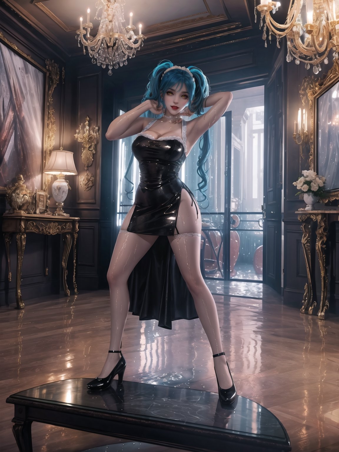 High resolution in 4K, inspired by urban surrealism with touches of classic elegance. | The housekeeper, a beautiful 30-year-old woman, works boldly and sensually. Dressed in a black maid outfit with a white apron, lycra stockings, and black flat shoes, she stares directly at the viewer with her long, blue hair tied in two pigtails with metallic clips, adding a playful touch to her appearance. Her entire body and clothing are wet from water, giving a bold look to the scene. | The setting is in a large and luxurious apartment, filled with elegant furniture and marble structures. A glass dining table, a bookshelf with a 90-inch television, and a window overlooking the rainy city at night make up the scene. The housekeeper, with a bold attitude, interacts with imposing structures, leaning on them and adopting sensual poses, creating a provocative and unique dynamic. | A 30-year-old housekeeper with a blend of urban surrealism and classic elegance, working boldly and sensually in a luxurious apartment during a rainy night. | She: ((iinteracting with audacity, leaning on imposing structures, adopting sensual poses):1.3), (((Full body image))), perfect hand, fingers, hand, perfect, better_hands, More Detail,Fantexi