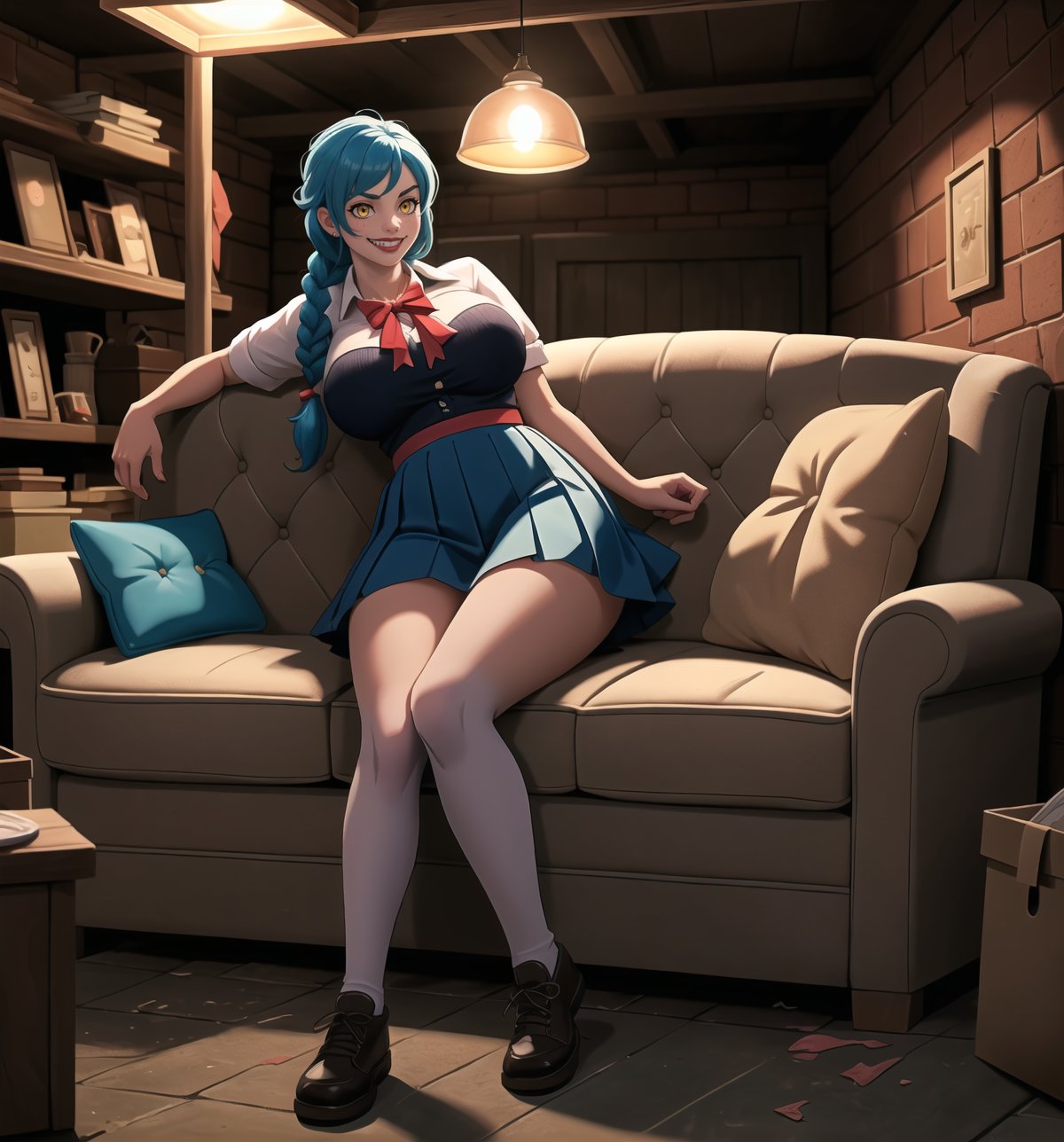 A masterpiece in 8K ultra-detailed with realistic and horror styles, rendered in ultra-high resolution with graphic details. | A 23-year-old woman with enormous breasts, wearing a dirty and deteriorated schoolgirl outfit with a torn blue pleated skirt, dirty white blouse, stained white knee-high socks, worn-out black shoes, and a faded red bow around her neck. Long blue hair with braids and two buns. Yellow eyes, looking at the viewer, smiling and showing teeth, wearing red lipstick. Located in a grimy basement with wooden structures, an old sofa, and metal structures. The dim light of a single lamp hanging from the ceiling illuminates the place, casting dancing shadows on the basement walls. An old sofa, cardboard boxes, and cobwebs adorn the scene. | The image highlights the imposing figure of the young woman and the architectural elements of the basement. The wooden structures, old sofa, cardboard boxes, and cobwebs, along with the young woman, create a frightening and unsettling environment. The dim light of the hanging lamp creates dramatic shadows and emphasizes the details of the scene. | Soft and somber lighting effects create a tense and mysterious atmosphere, while rough and detailed textures on the structures and outfit add realism to the image. | A disturbing and unsettling scene of a young woman in a grimy basement, exploring themes of horror and suspense. | (((The image reveals a full-body shot as she assumes a sensual pose, engagingly leaning against a structure within the scene in an exciting manner. She takes on a sensual pose as she interacts, boldly leaning on a structure, leaning back and boldly throwing herself onto the structure, reclining back in an exhilarating way.))). | ((((full-body shot)))), ((perfect pose)), ((perfect arms):1.2), ((perfect limbs)), ((perfect legs, perfect feet):1.2), she has ((perfect breasts, firm breasts, saggy breasts, huge breasts)), ((perfect design)), ((perfect composition)), ((very detailed scene, very detailed background, perfect layout, correct imperfections)), More Detail, ((poakl)), ((milf))