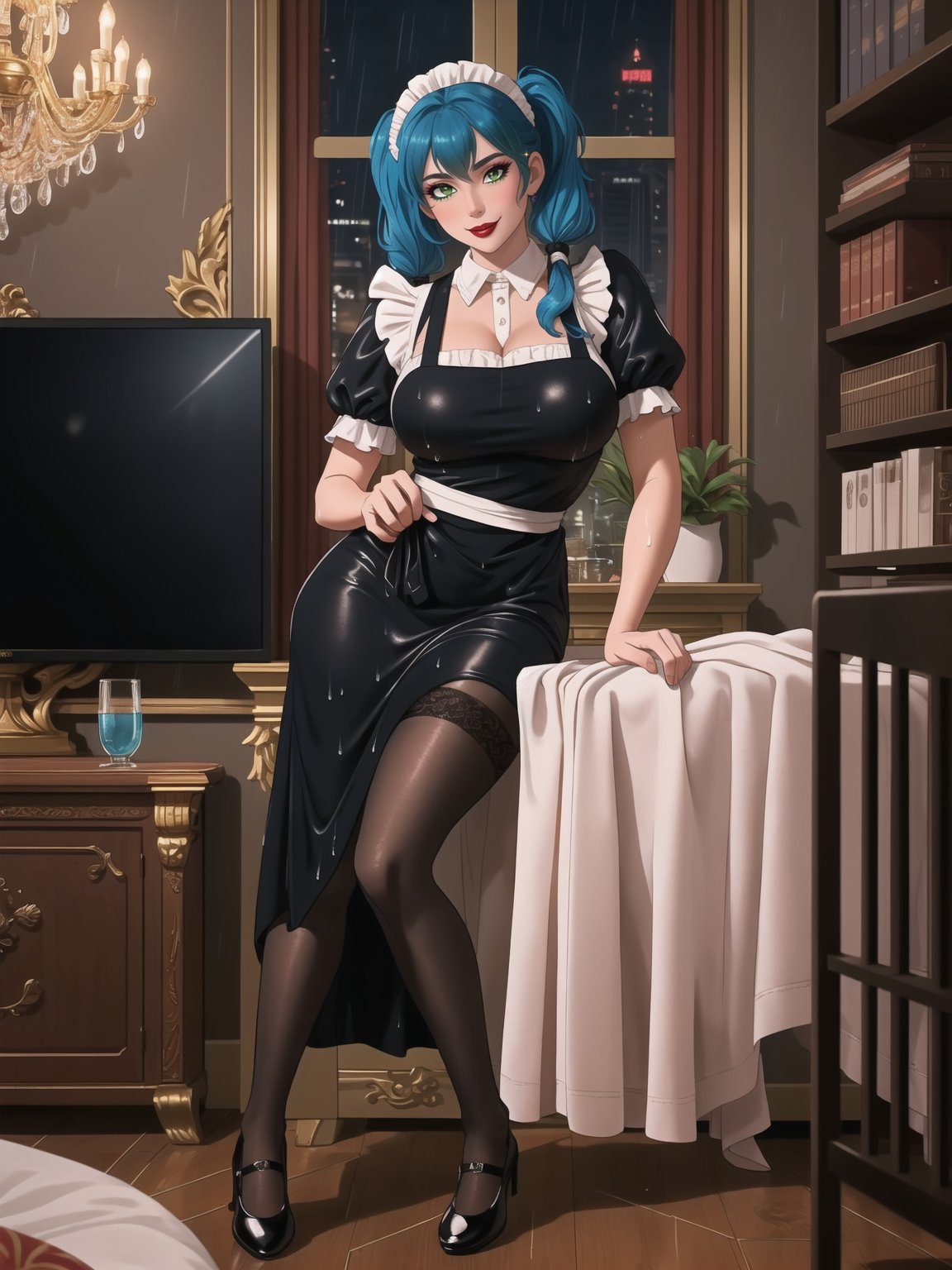 High resolution in 4K, inspired by urban surrealism with touches of classic elegance. | The housekeeper, a beautiful 30-year-old woman, works boldly and sensually. Dressed in a black maid outfit with a white apron, lycra stockings, and black flat shoes, she stares directly at the viewer with her long, blue hair tied in two pigtails with metallic clips, adding a playful touch to her appearance. Her entire body and clothing are wet from water, giving a bold look to the scene. | The setting is in a large and luxurious apartment, filled with elegant furniture and marble structures. A glass dining table, a bookshelf with a 90-inch television, and a window overlooking the rainy city at night make up the scene. The housekeeper, with a bold attitude, interacts with imposing structures, leaning on them and adopting sensual poses, creating a provocative and unique dynamic. | A 30-year-old housekeeper with a blend of urban surrealism and classic elegance, working boldly and sensually in a luxurious apartment during a rainy night. | She is striking a ((sensual pose while interacting, boldly leaning on a large structure in the scene. Elegantly leaning against, it adds a unique touch to the scene.):1.2), ((Full body image)), perfect hand, fingers, hand, perfect, better_hands, More Detail,