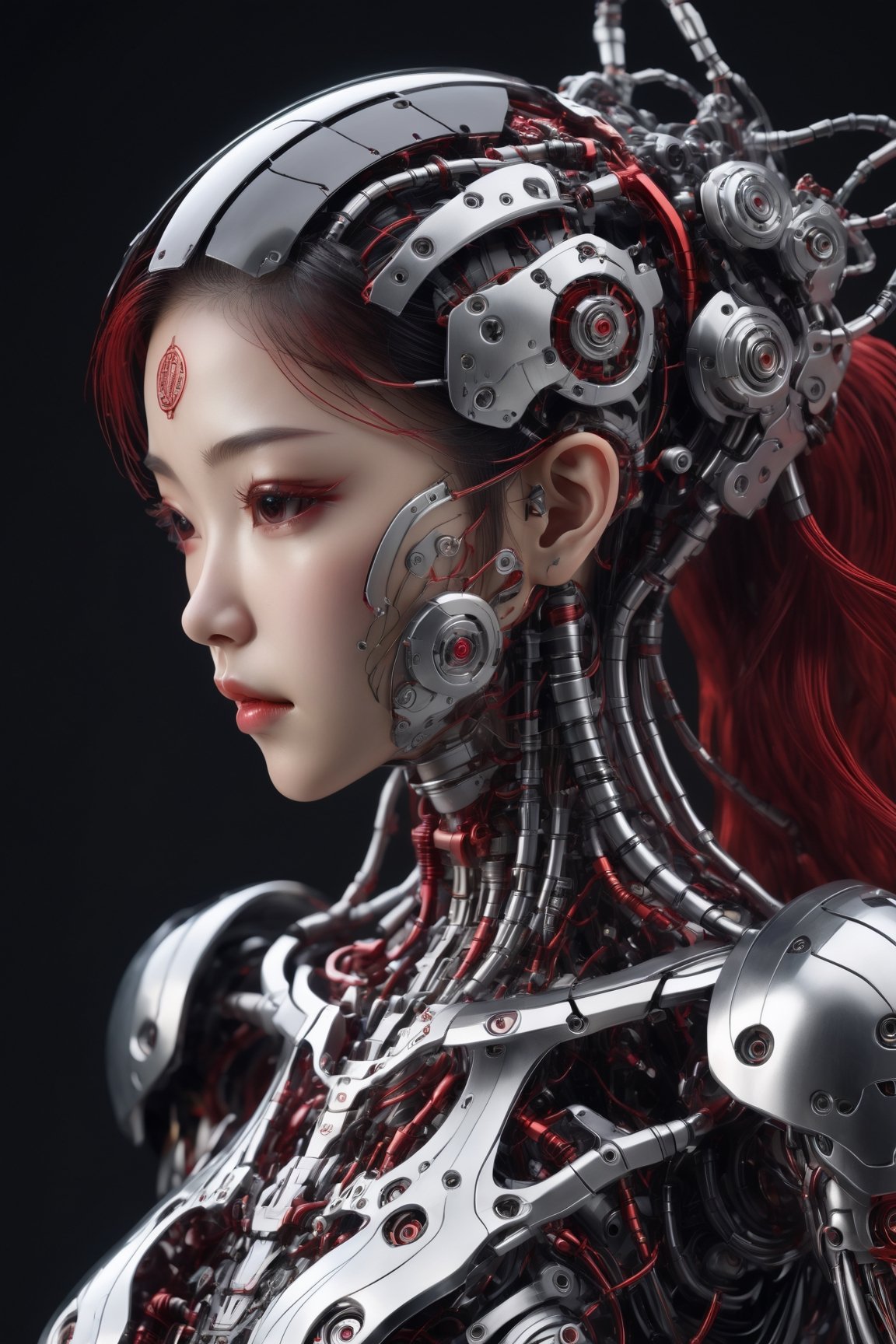 figure of biomechanical cyborg korean girl  transparent, see-through intricated interal mechanical metal part, metal array, hi-tech, sci-fi, difficult, chip, circuit, post-production, elegan, black and red. shadow:0.3, high_res,cyborg style