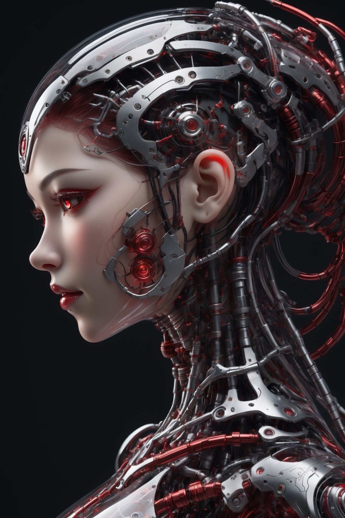 figure of biomechanical cyborg girl  transparent, see-through intricated interal mechanical metal part, metal array, hi-tech, sci-fi, difficult, chip, circuit, post-production, elegan, black and red. shadow:0.3, high_res,cyborg style