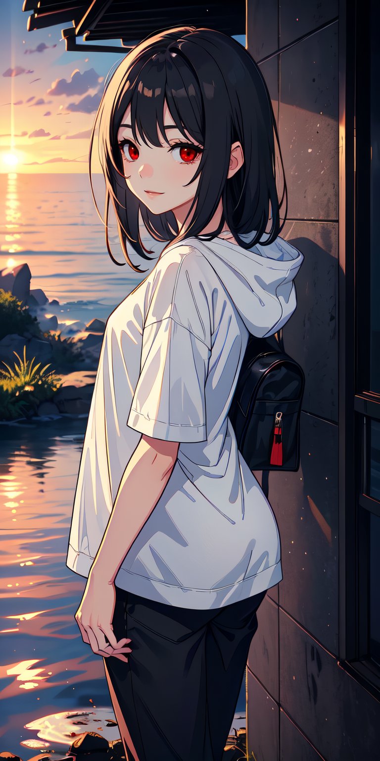 red eyes, black hair, girl, Loli, little girl, tender expression, long hair, (dinamic pose),
black baggy track pants, large white t-shirt with hood, long bangs, (white t-shirt black sleeves), centered, digital art, | sky, heavenly clouds, constellations, sky, clouds, heaven, mystical, psycodelic, | (saturated colors:1.2), sunset, bokeh, depth of field, | , hands in pockets, sneakers, small breasts, slender body, stopped in a puddle, from behind looking back, slight smile,twitch emoji