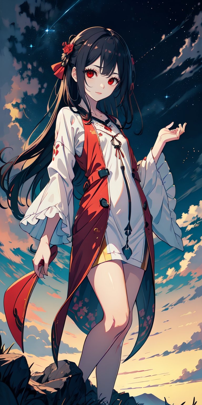 red eyes, black hair with red tips, girl, tender expression, ((long hair)), (dinamic pose), (pijama),
 centered, digital art, | sky, heavenly clouds, constellations, sky, clouds, heaven, mystical, psycodelic, | (saturated colors:1.2), sunset, bokeh, depth of field, | , hands in pockets, small breasts, slender body, slight smile,twitch emoji, standing on a floating platform